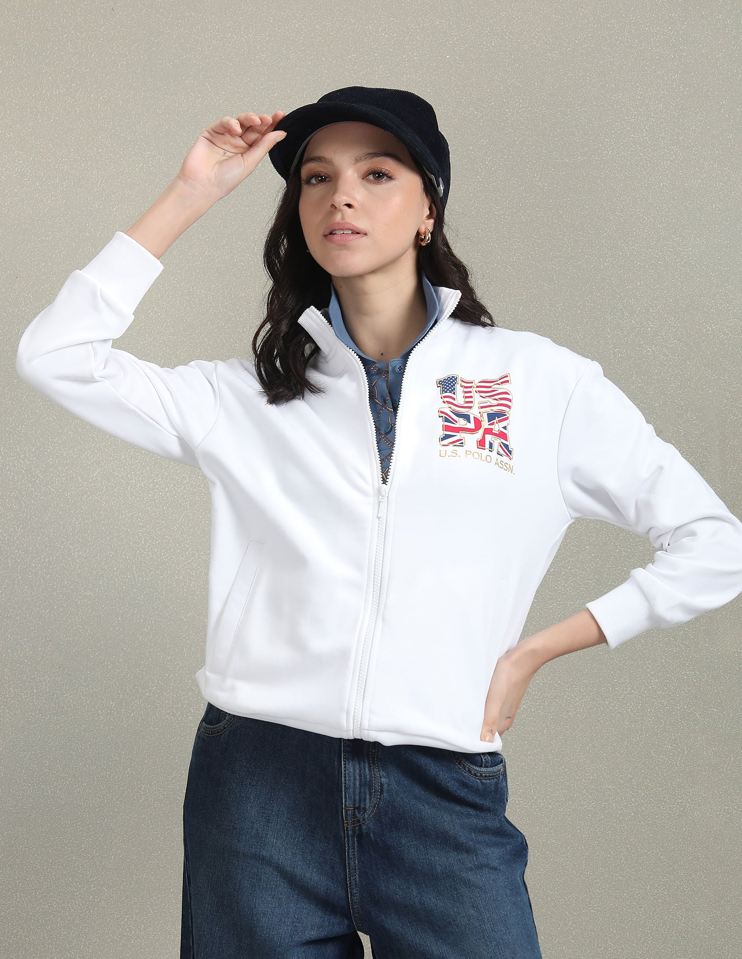High Neck Printed Jacket White - U.S. Polo Assn. India | Large