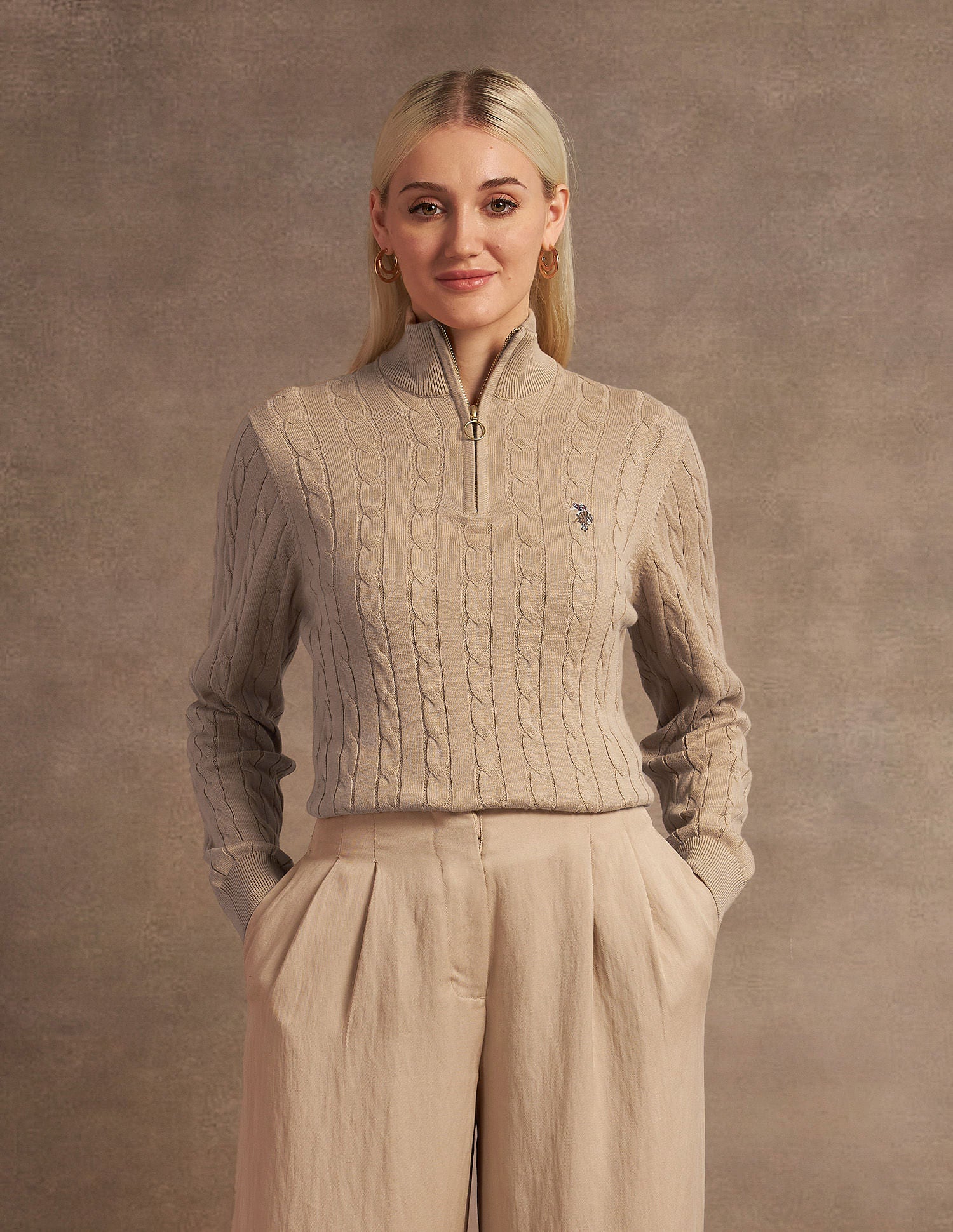 High Neck Cable Knit Sweater Beige - U.S. Polo Assn. India | Large