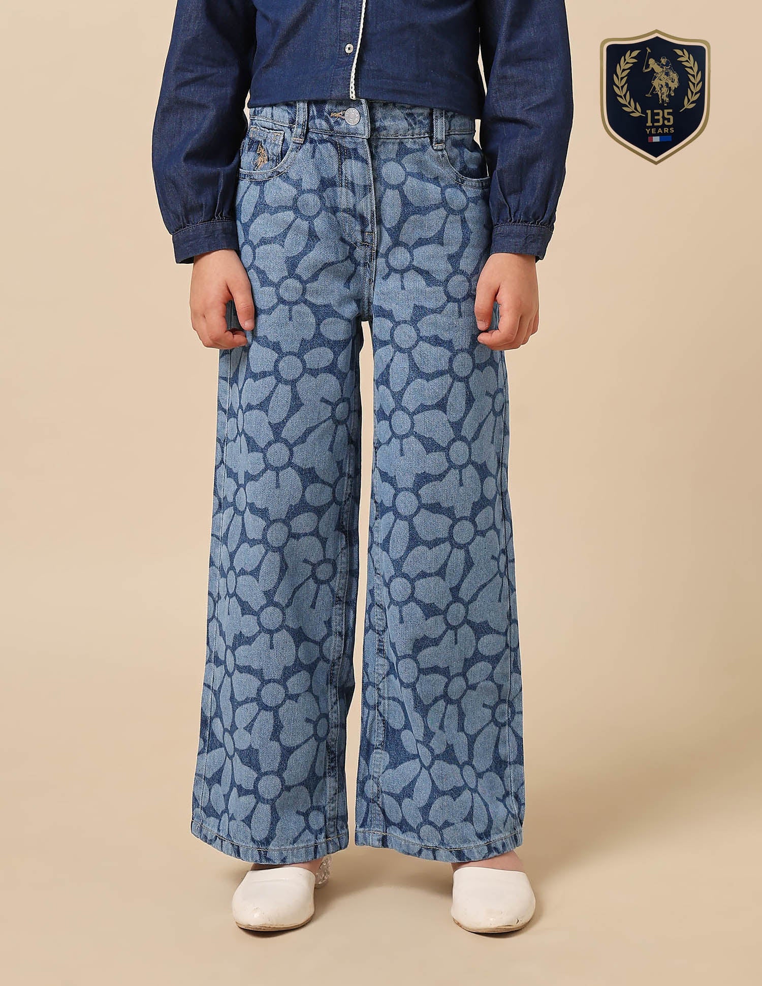 Girls Floral Laser Printed Wide Leg Jeans
