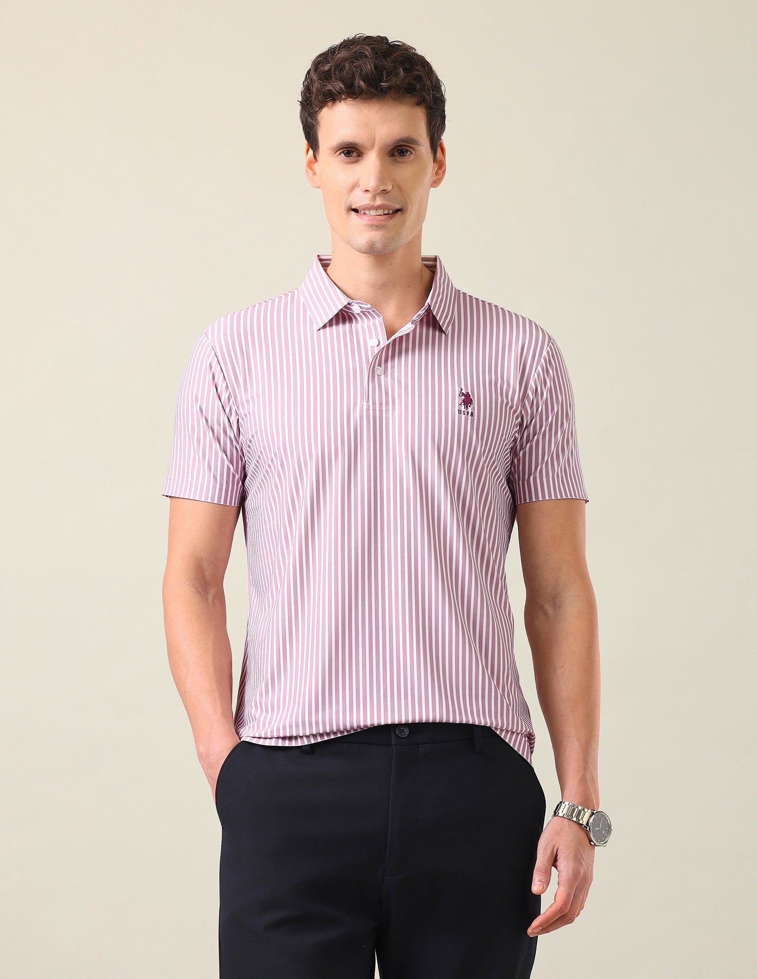Vertical Striped Slim Fit Polo Shirt Pink - U.S. Polo Assn. India | Large