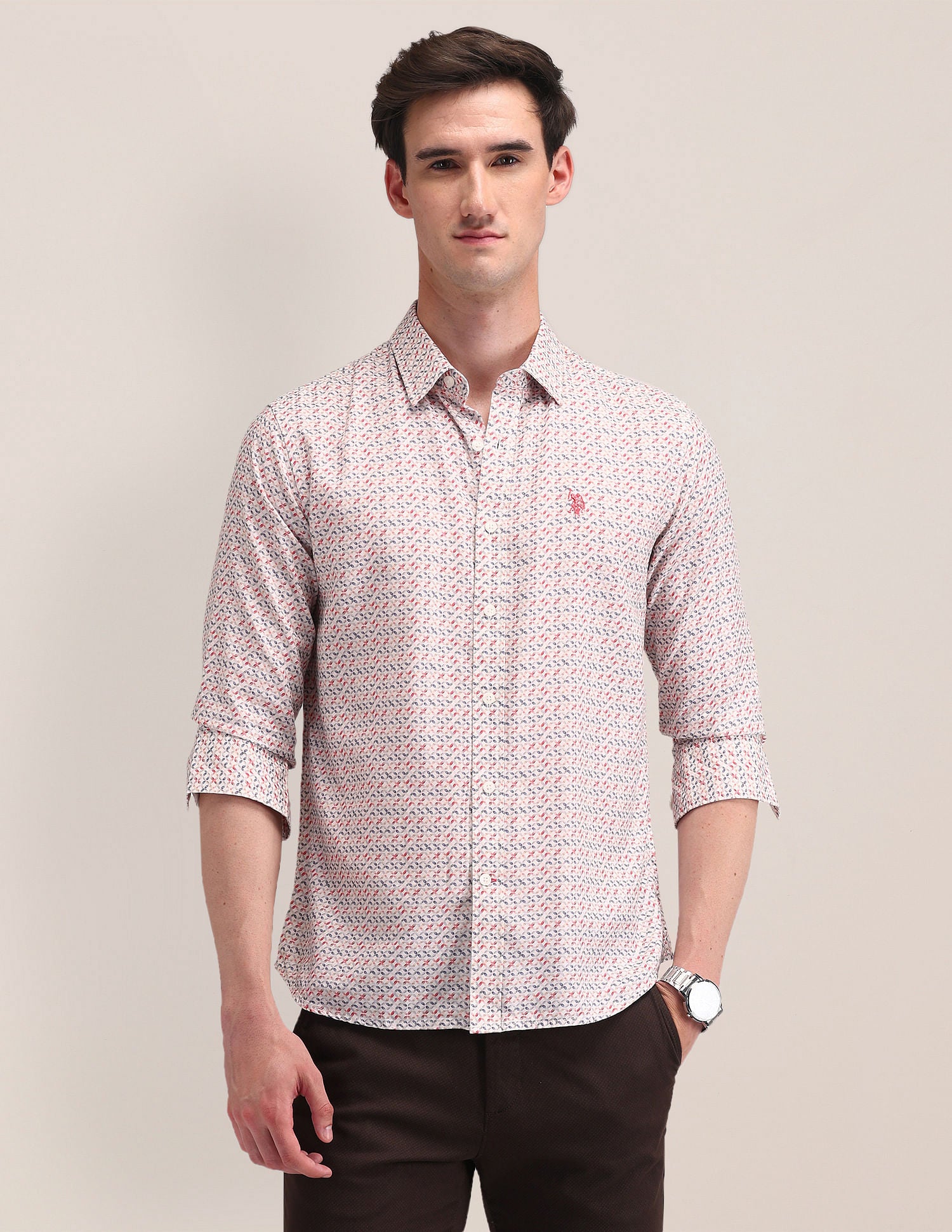 Tailored Fit Geometric Shirt Peach - U.S. Polo Assn. India | Large