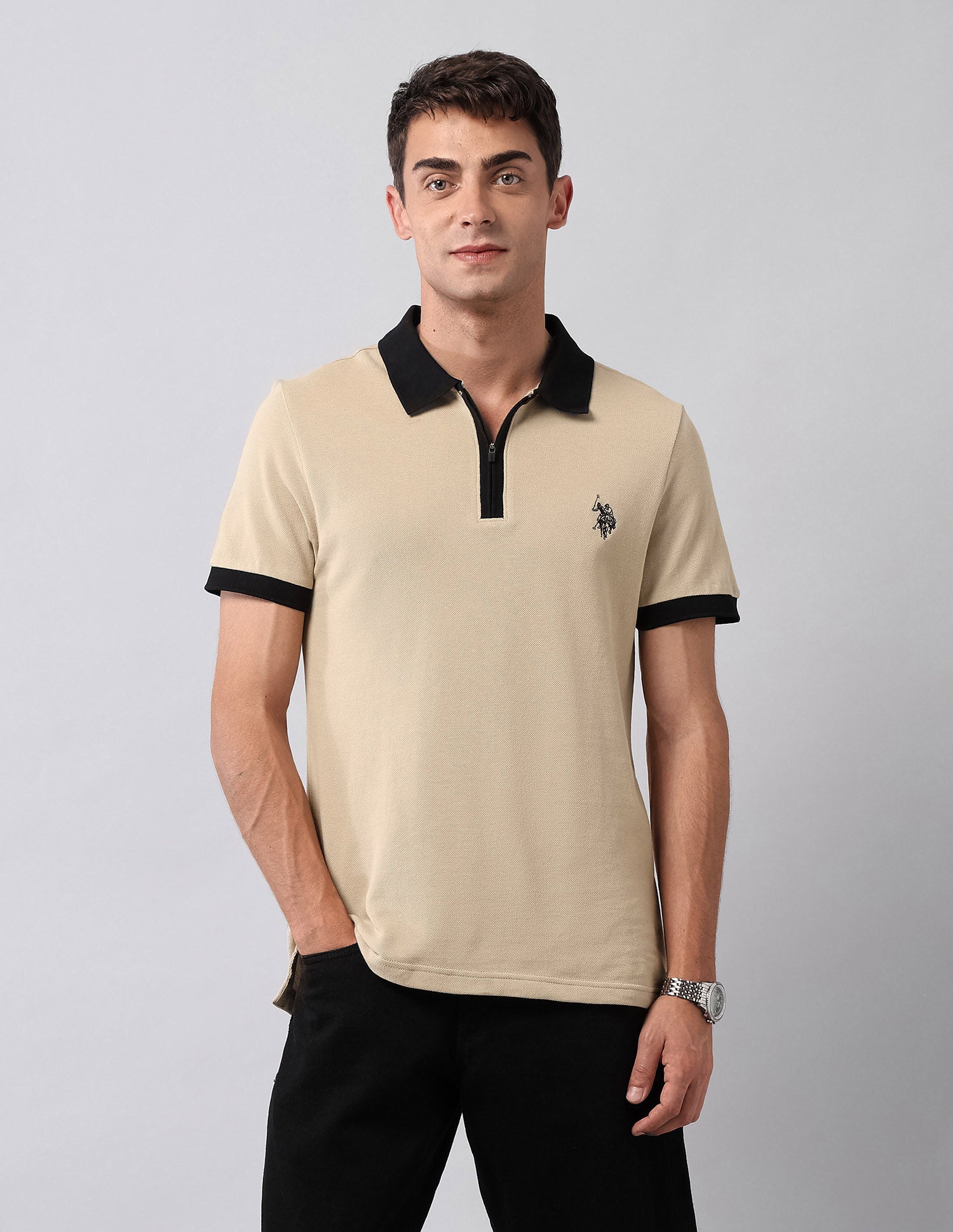 Pure Cotton Muscle Fit Polo Shirt Beige - U.S. Polo Assn. India | Large