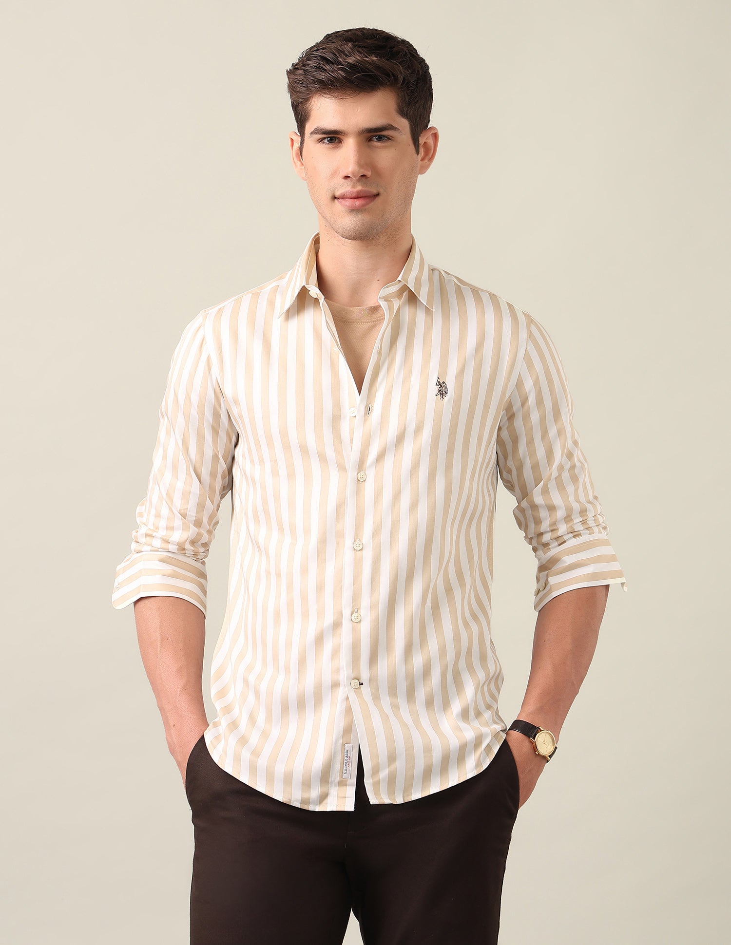 Vertical Striped Satin Shirt Beige - U.S. Polo Assn. India | Large