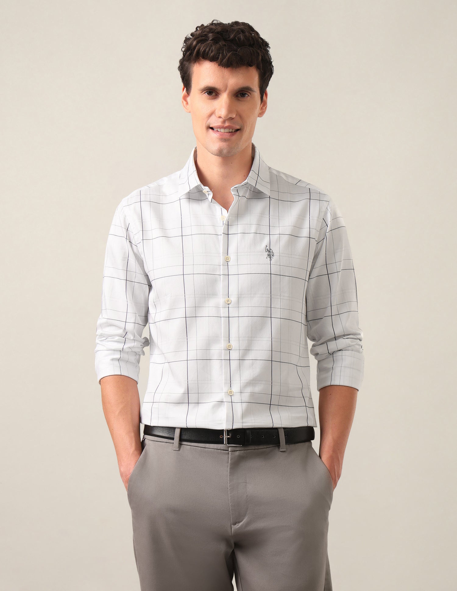 Windowpane Checked Satin Shirt Grey - U.S. Polo Assn. India | Large