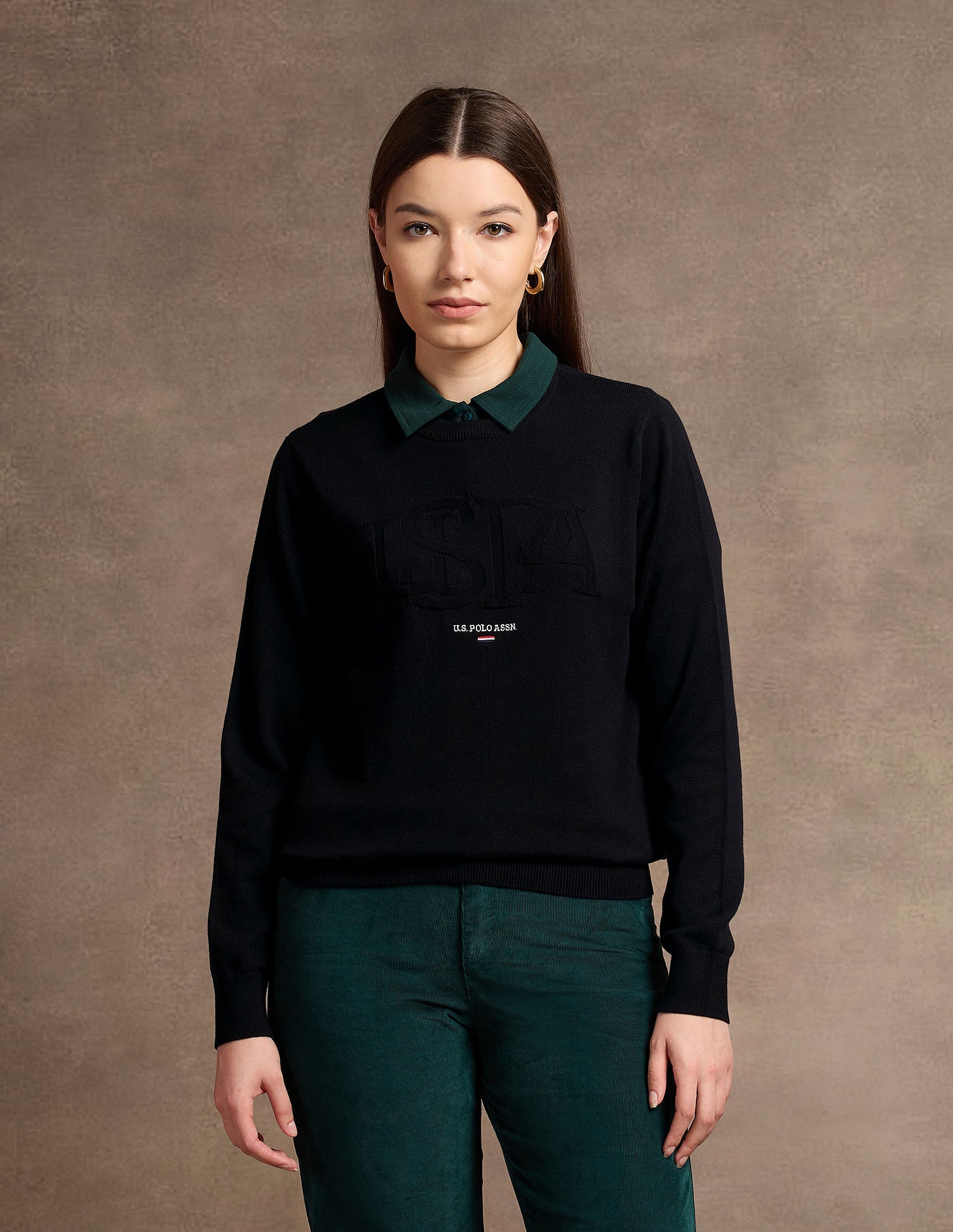 Typographic Branding Crew Neck Sweater Balck - U.S. Polo Assn. India | Large