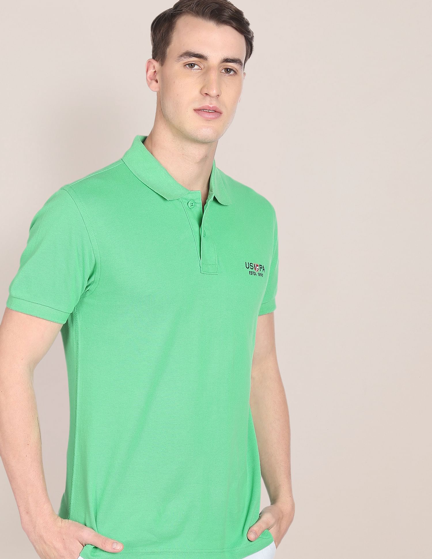 Ribbed Collar Pure Cotton Solid Polo Shirt Green - U.S. POLO ASSN. | Large