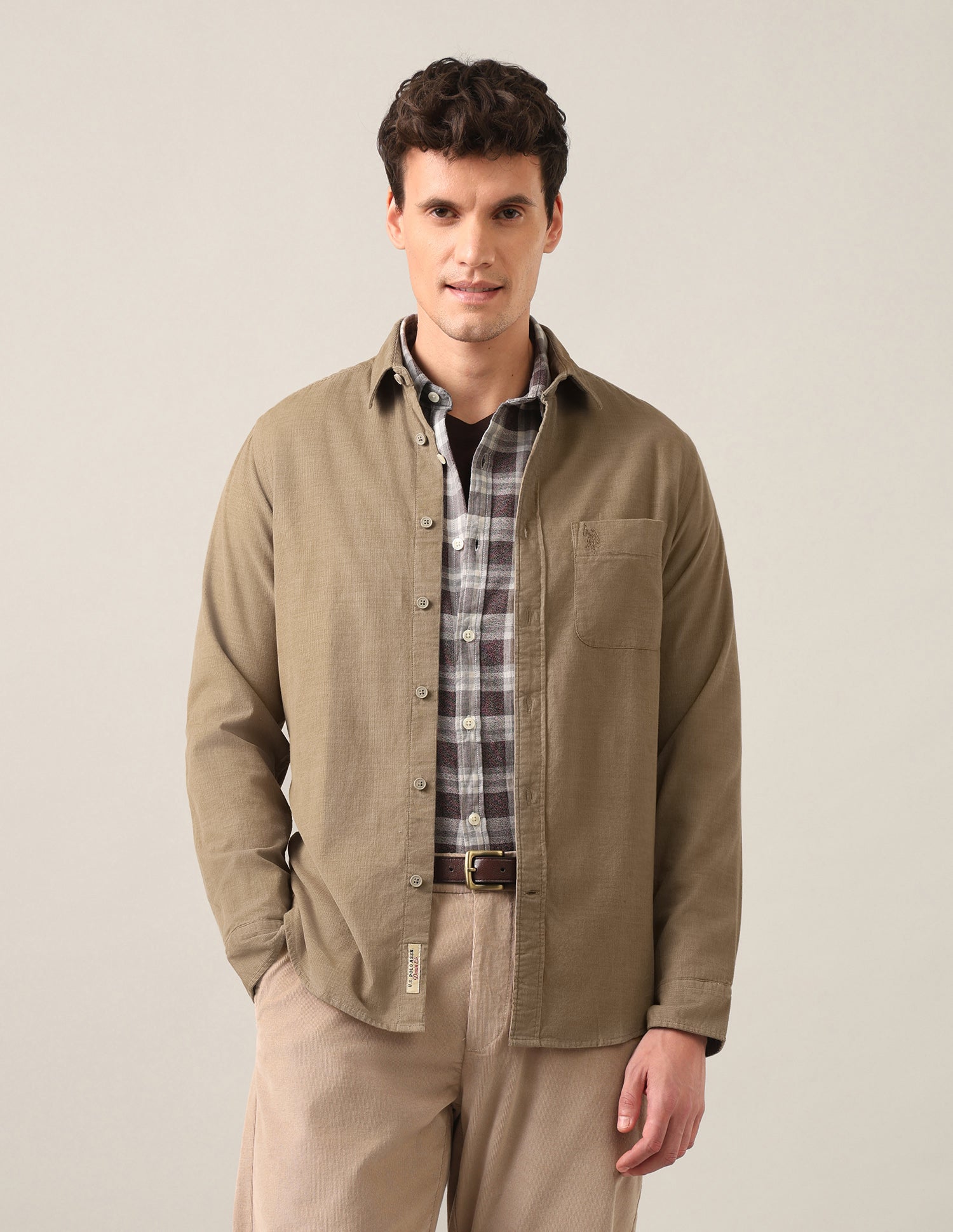 Solid Corduroy Shirt Light Khaki - U.S. Polo Assn. India | Large