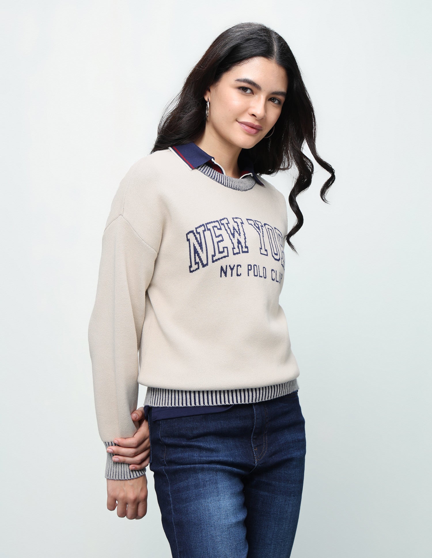Typographic Patterned Knit Oversized Fit Sweater Off White - U.S. Polo Assn. India | Large