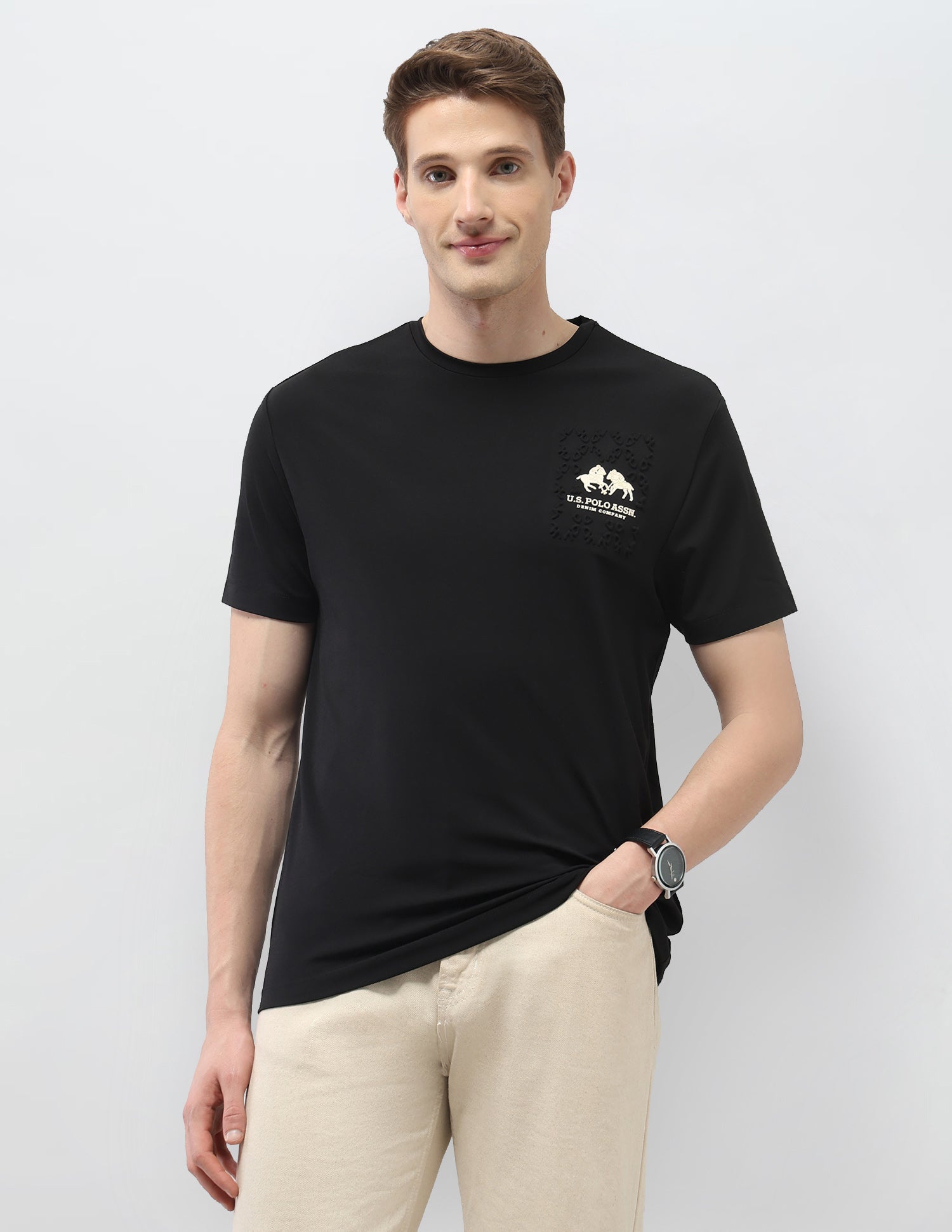 Solid Slim Fit Black & Gold T-Shirt