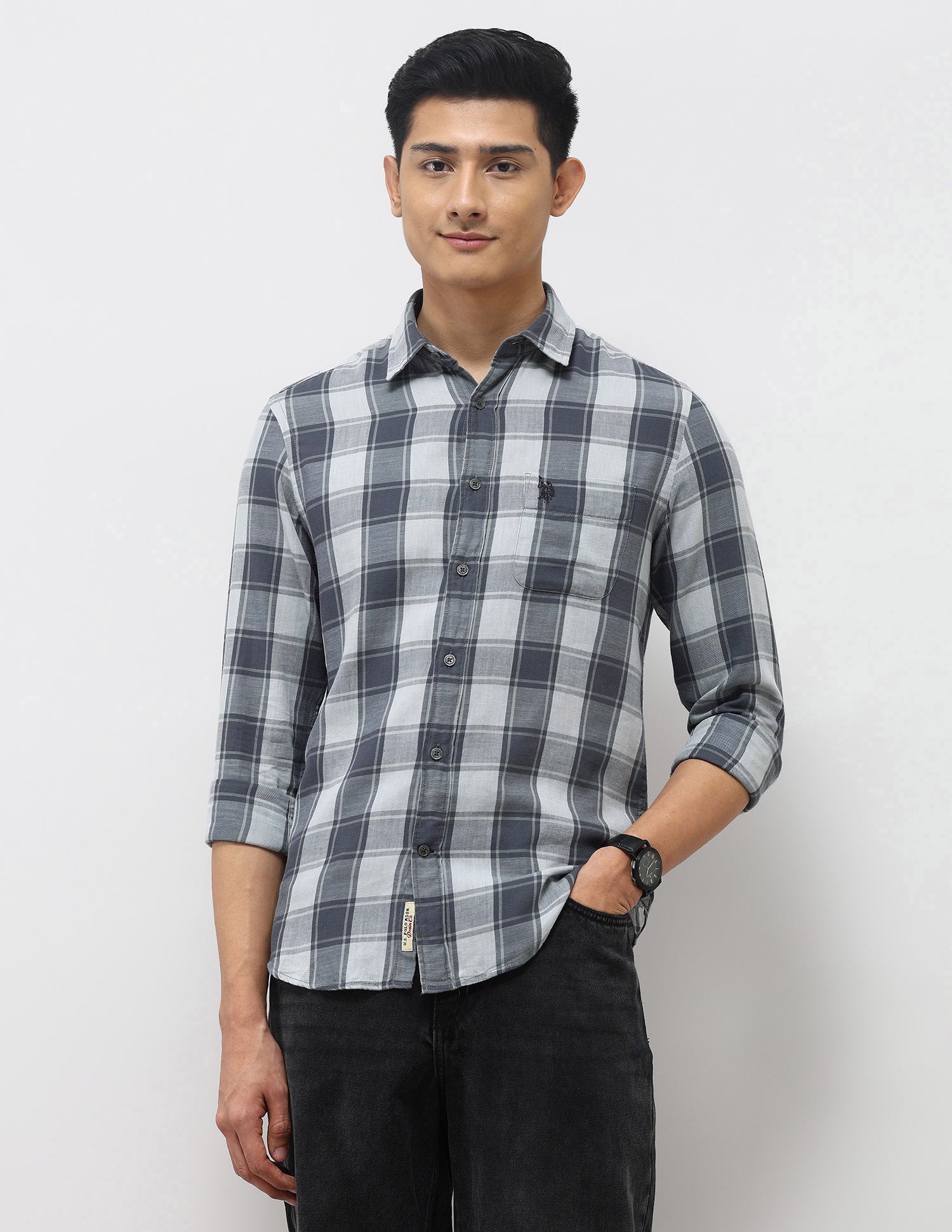 Plaid Checked Twill Shirt Light Grey - U.S. Polo Assn. India | Large