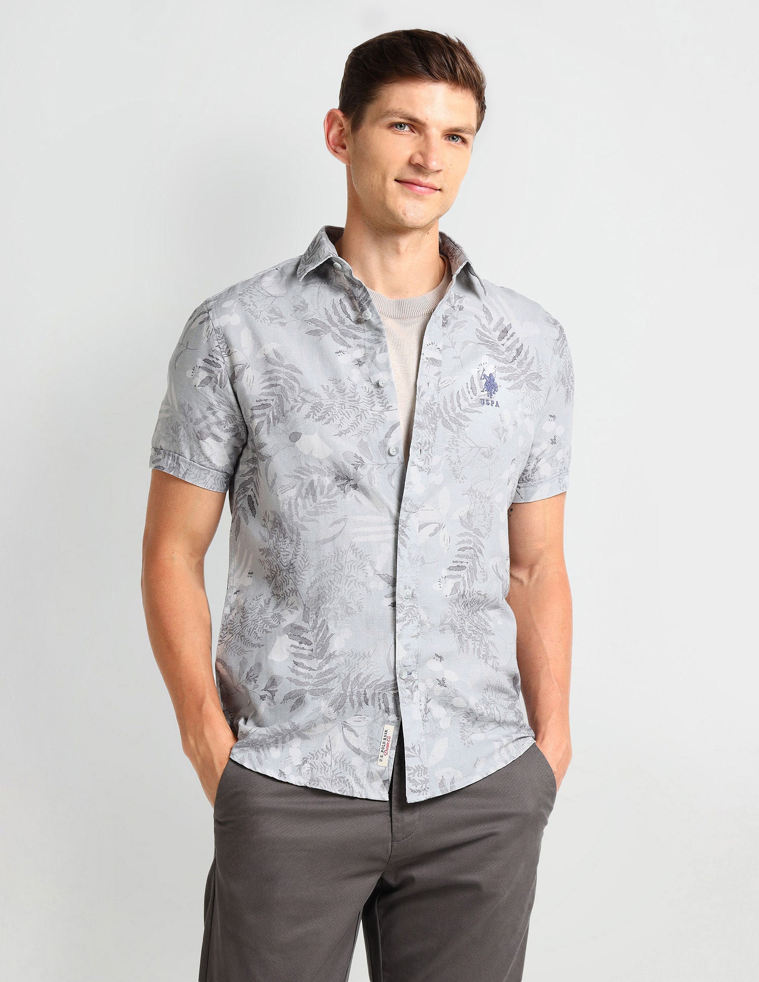 Slim Fit Tropical Print Shirt Grey - U.S. Polo Assn. India | Large