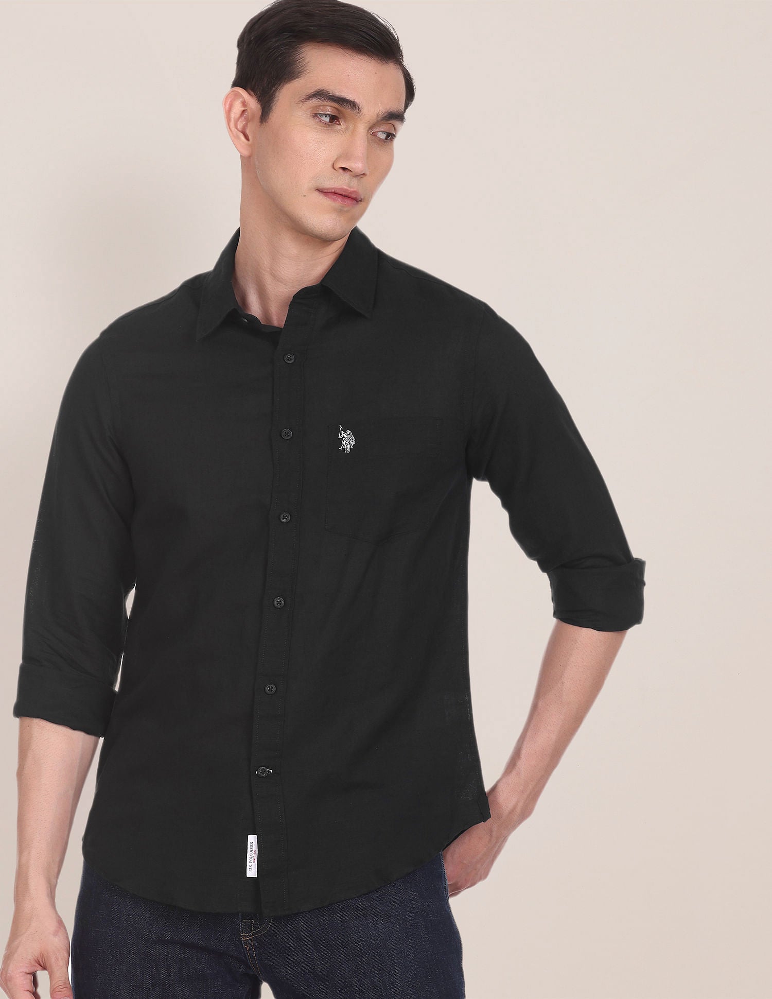 Men Black Spread Collar Solid Casual Shirt Black - U.S. POLO ASSN. | Large
