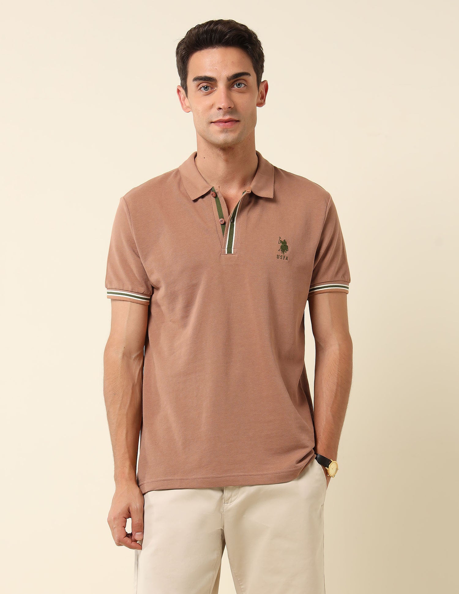 Pure Cotton Slim Fit Polo Shirt Light Brown - U.S. Polo Assn. India | Large