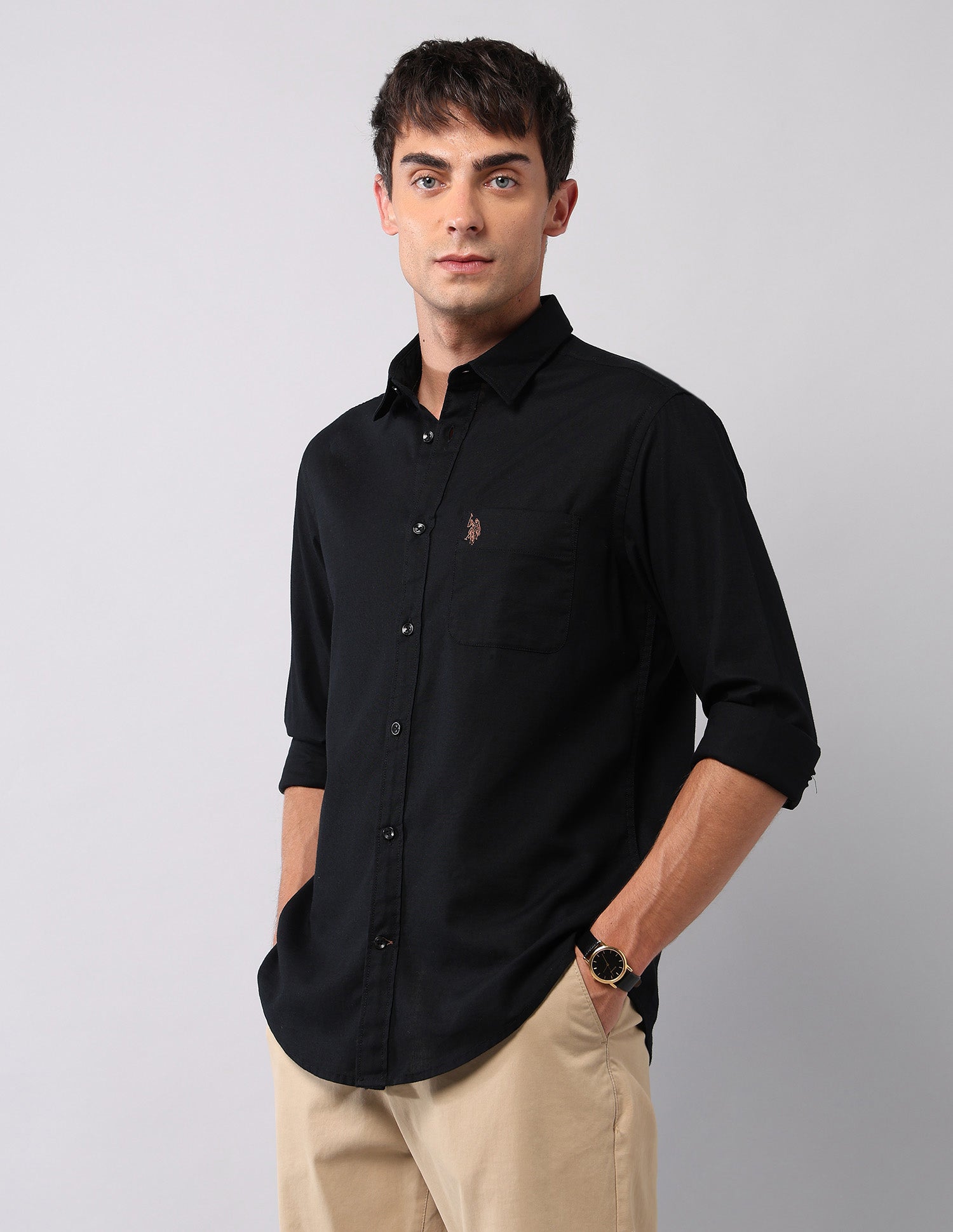 Pure Cotton Regular Fit Shirt Black - U.S. Polo Assn. India | Large