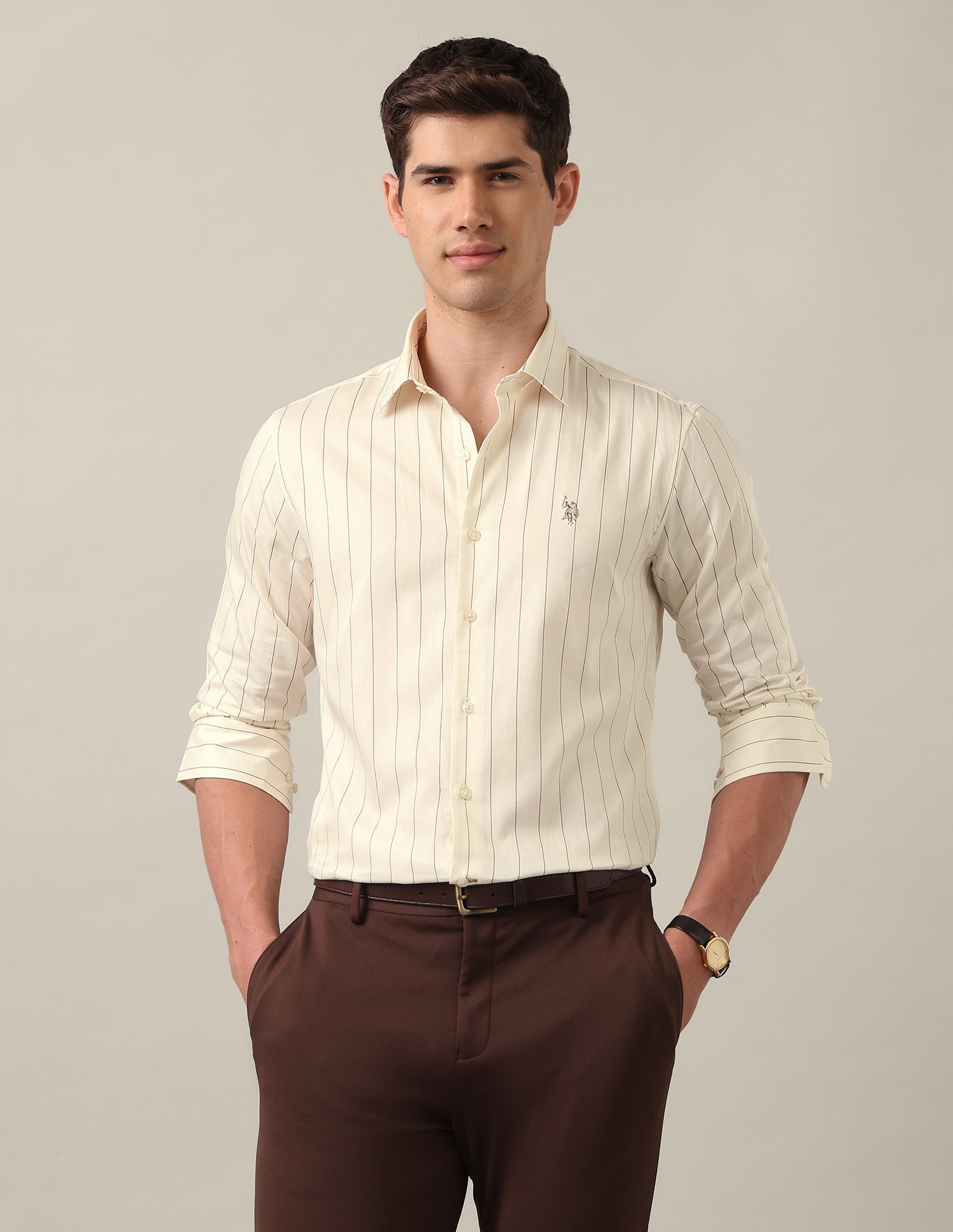 Vertical Striped Satin Shirt Beige - U.S. Polo Assn. India | Large