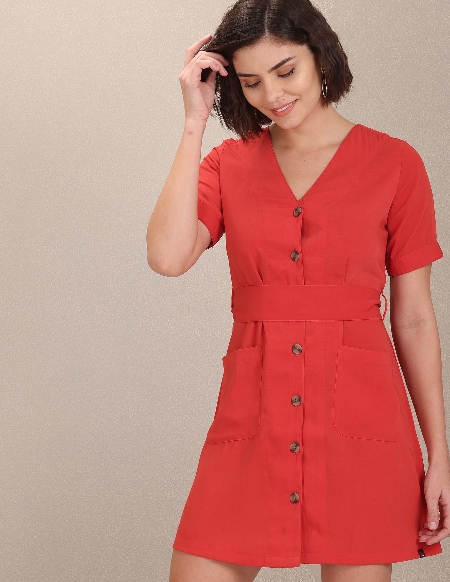 Solid Belted Shirt Dress Red - U.S. Polo Assn. India | Large