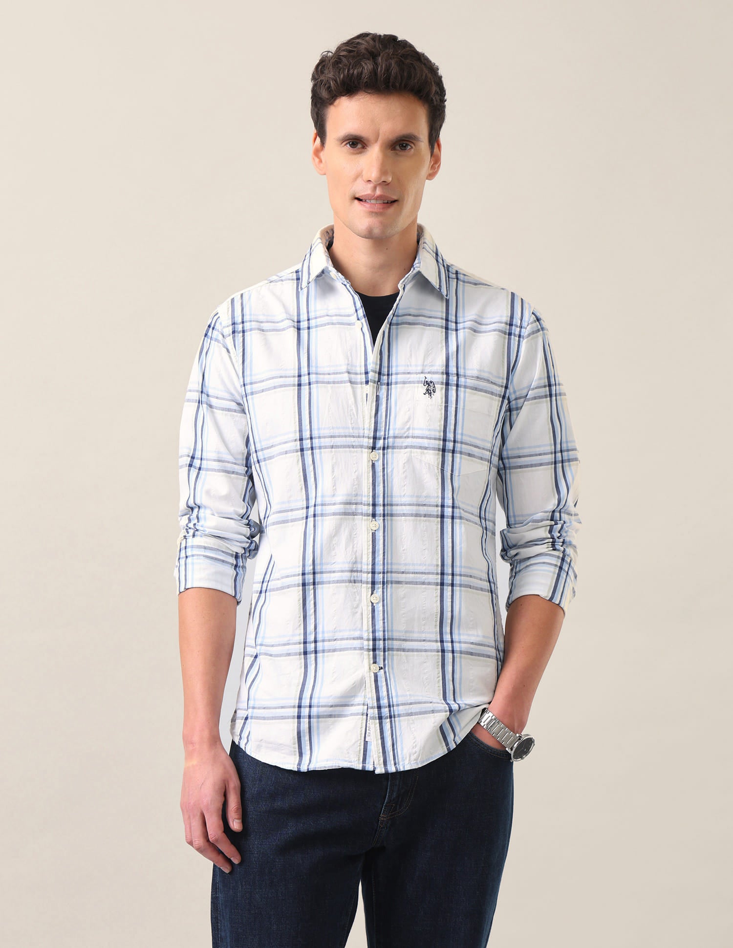 Plaid Checked Tailored Fit Shirt Blue - U.S. Polo Assn. India | Large