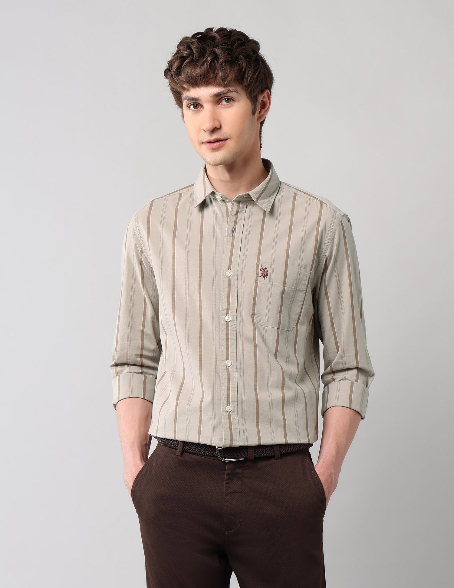 Vertical Striped Regular Fit Shirt Khaki - U.S. Polo Assn. India | Large