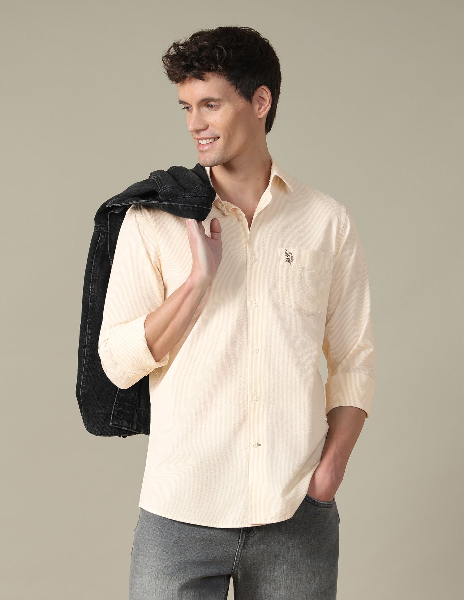 Vertical Striped Seersucker Shirt Light Yellow - U.S. Polo Assn. India | Large