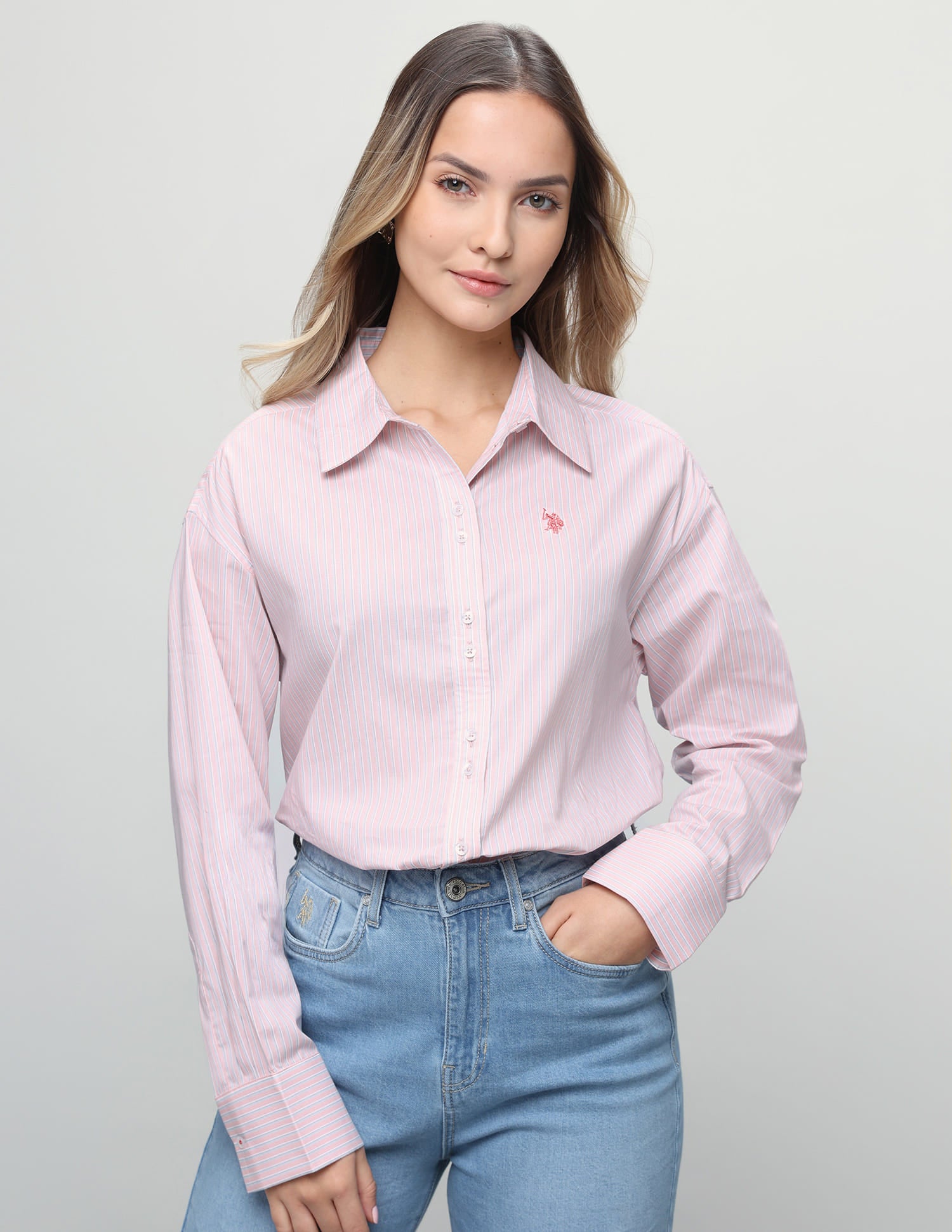 Vertical Striped Boyfriend Fit Shirt Pink - U.S. Polo Assn. India | Large