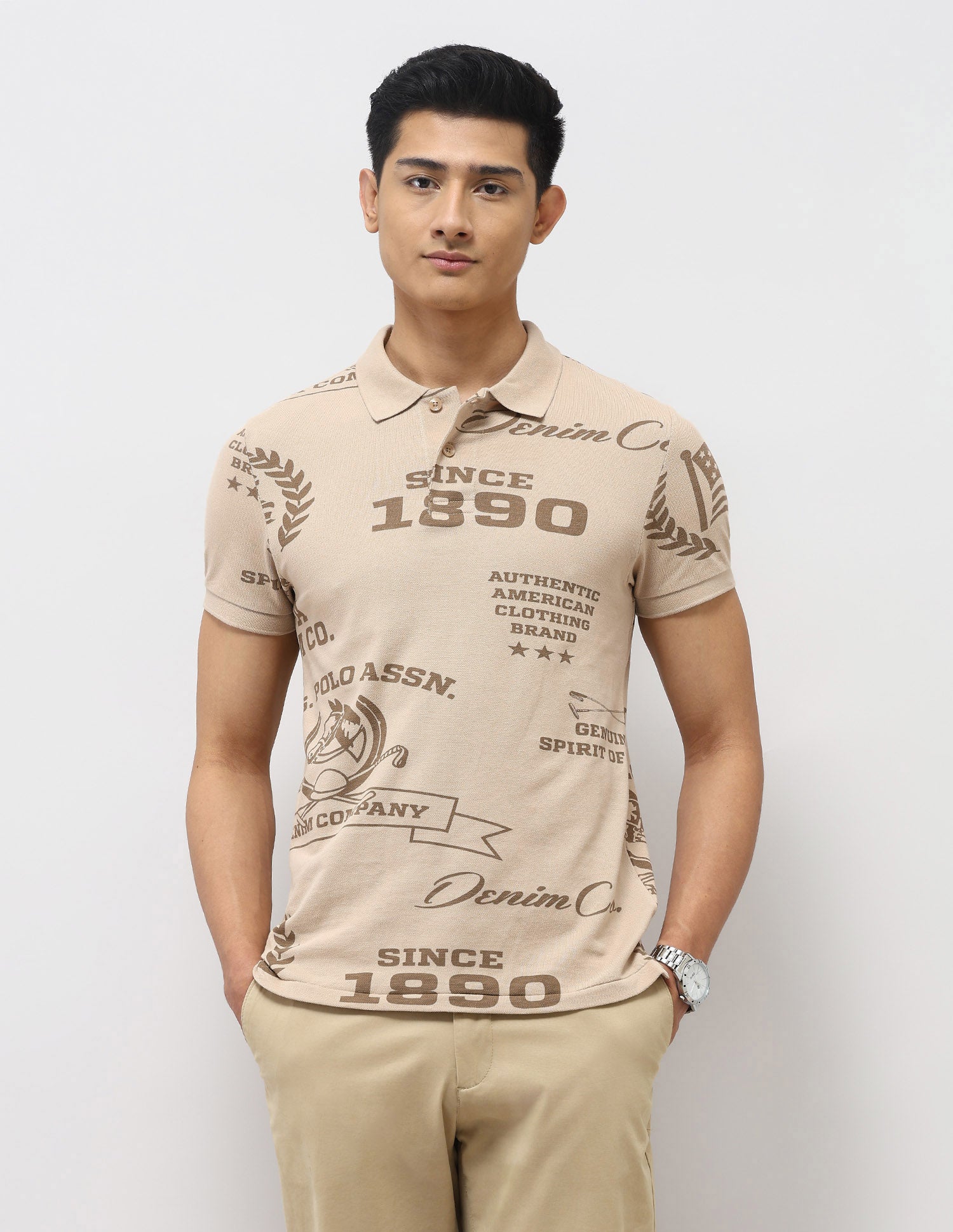Brand Printed Muscle Fit Polo Shirt Beige - U.S. Polo Assn. India | Large