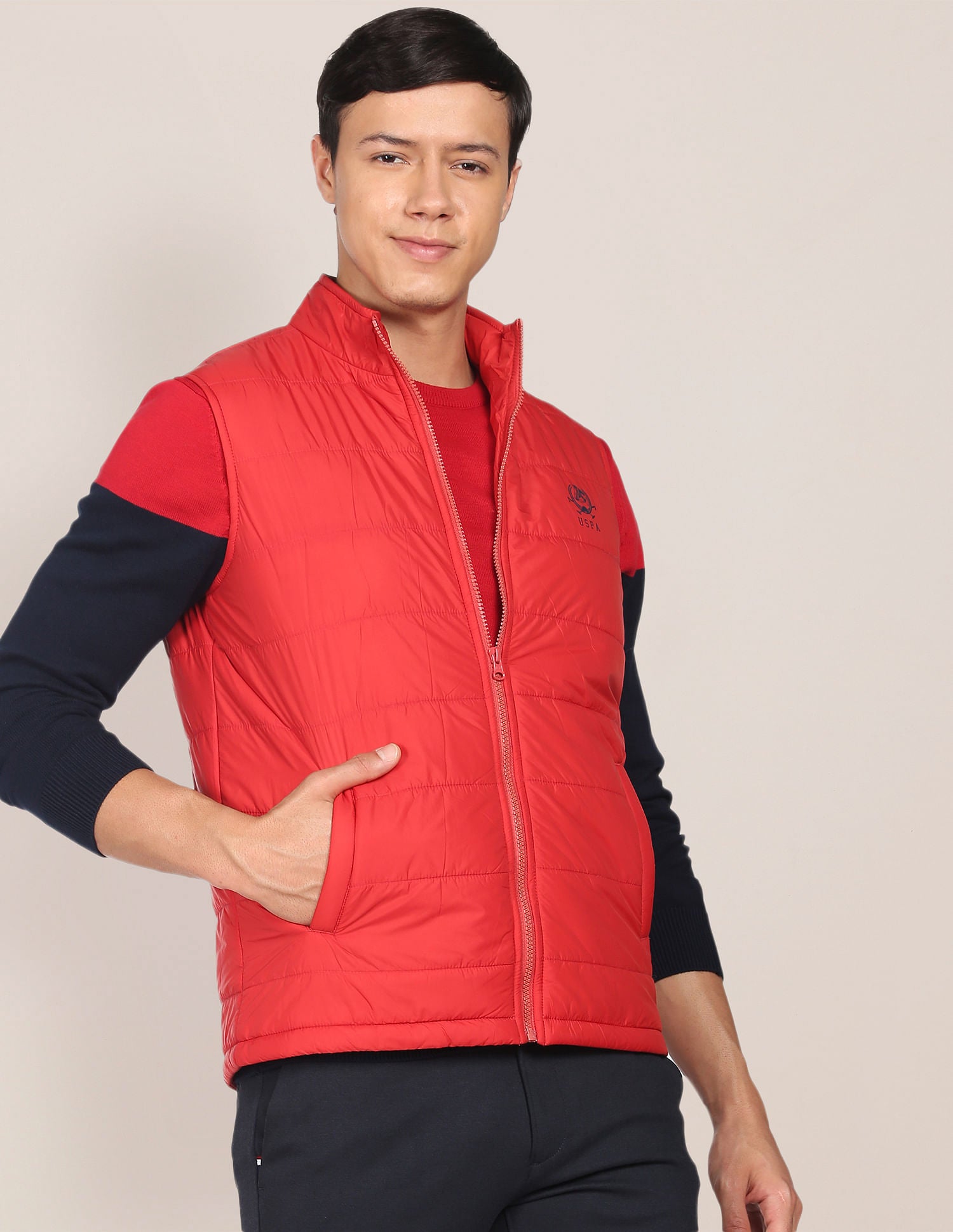 High Neck Sleeveless Solid Padded Jacket Red - U.S. Polo Assn. India | Large