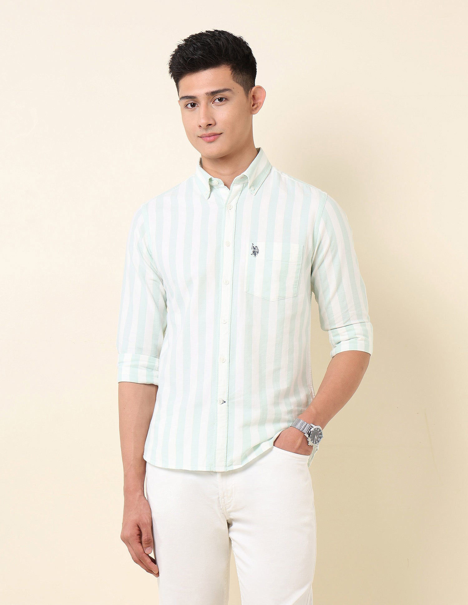 Vertical Striped Oxford Button-Down Shirt Light Green - U.S. Polo Assn. India | Large
