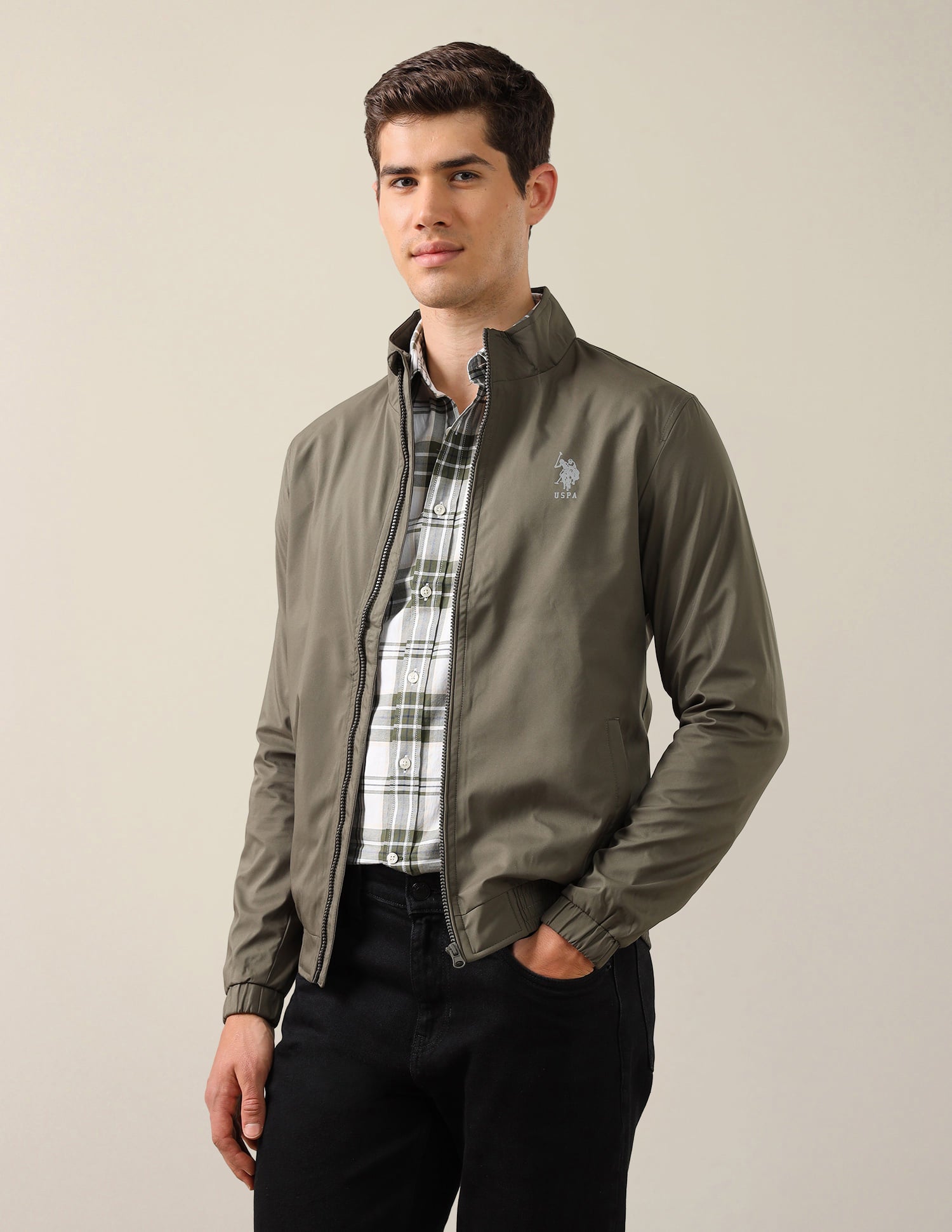 High Neck Solid Polyester Jacket Olive - U.S. Polo Assn. India | Large