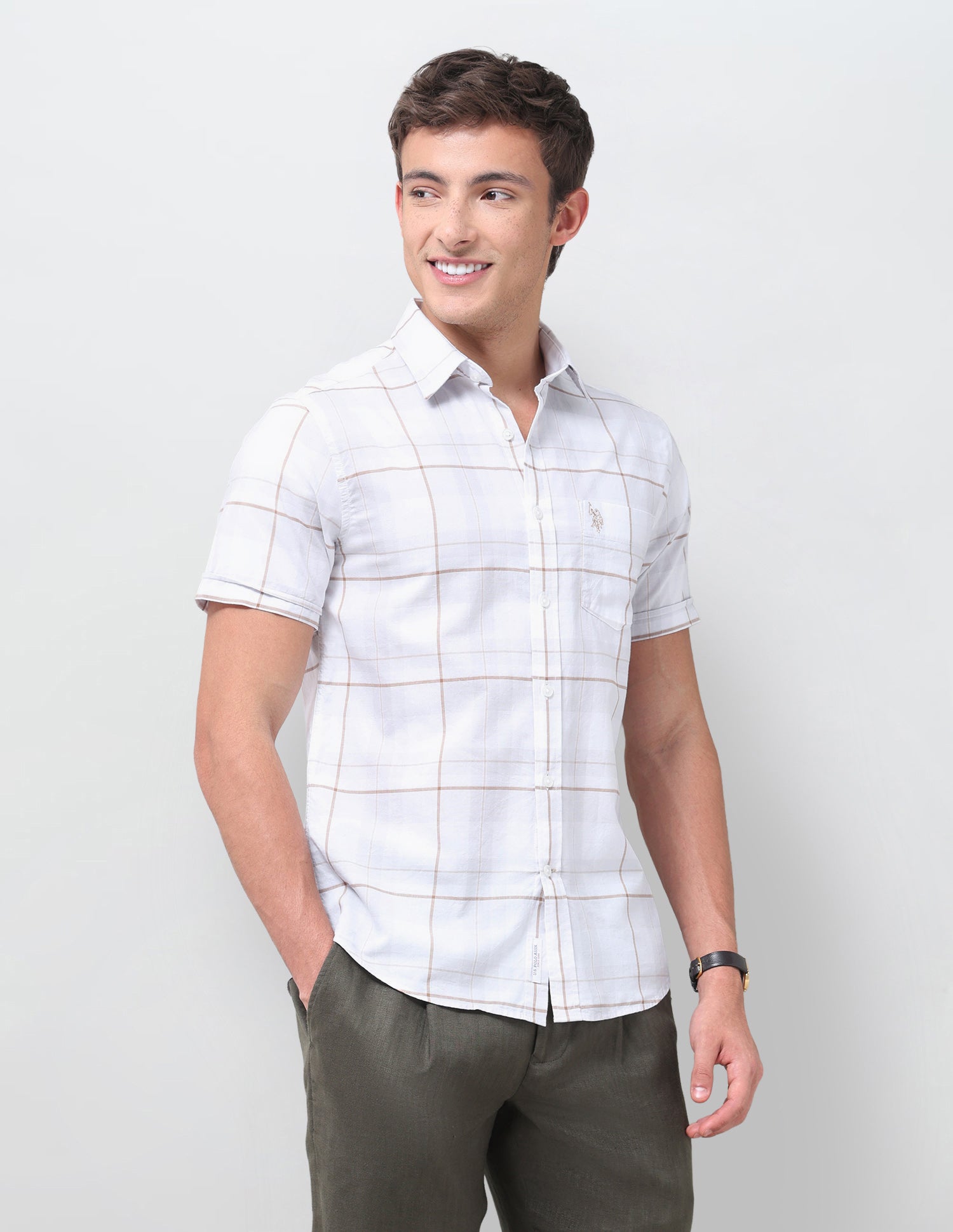 Windowpane Checked Regular Fit Shirt Light Khaki - U.S. Polo Assn. India | Large