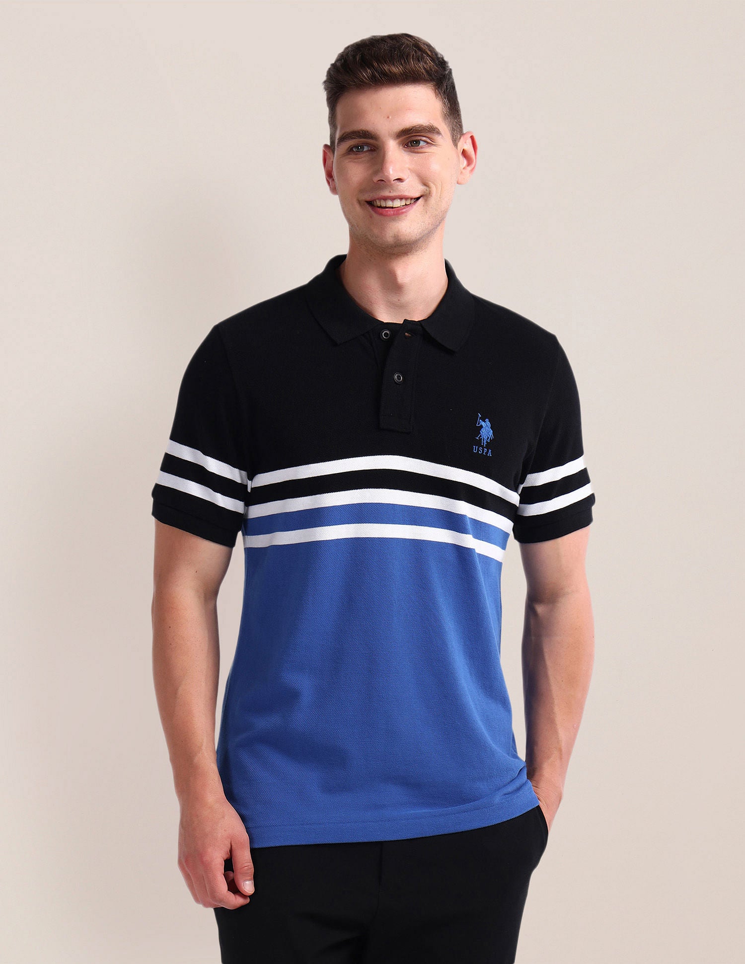 Colour Block Pique Polo Shirt Black and Blue - U.S. Polo Assn. India | Large