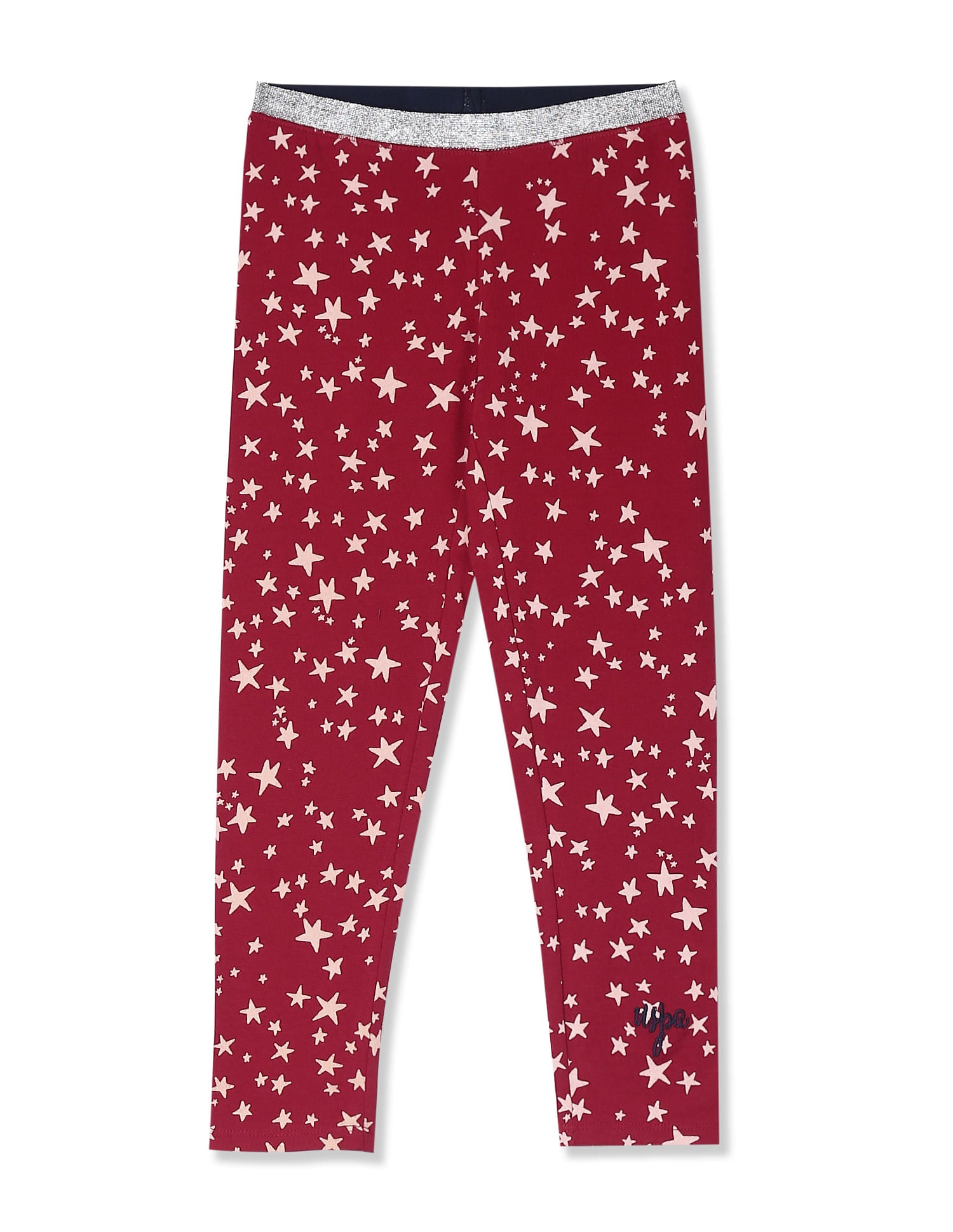 Girls Red Shimmery Waistband Star Print Leggings