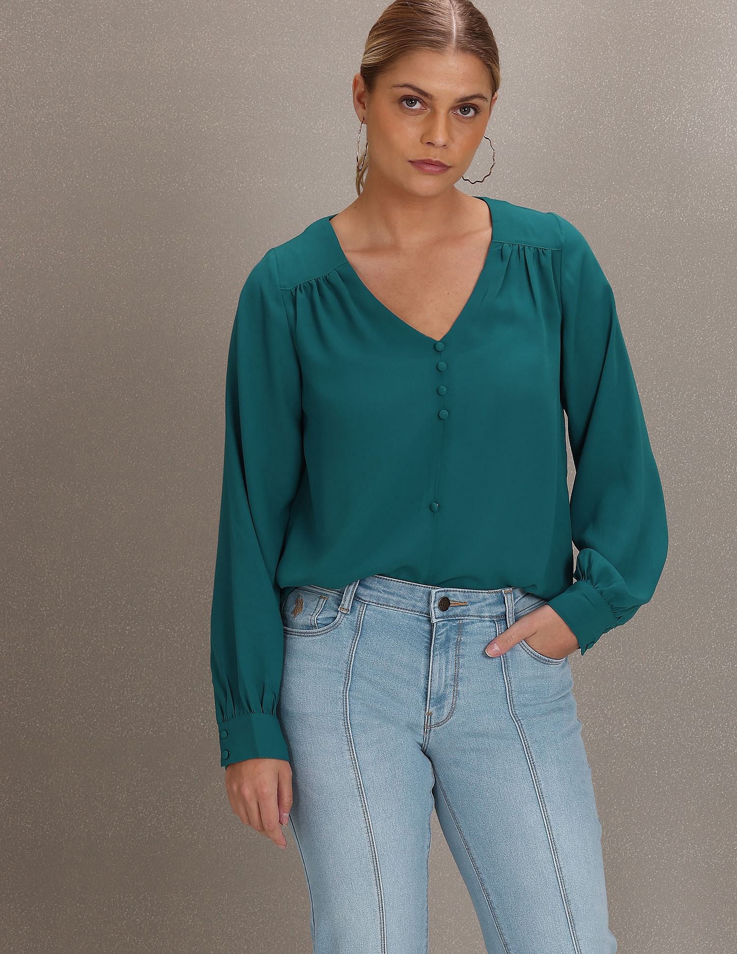 Mock Button Placket Long Sleeve Top Teal - U.S. Polo Assn. India | Large