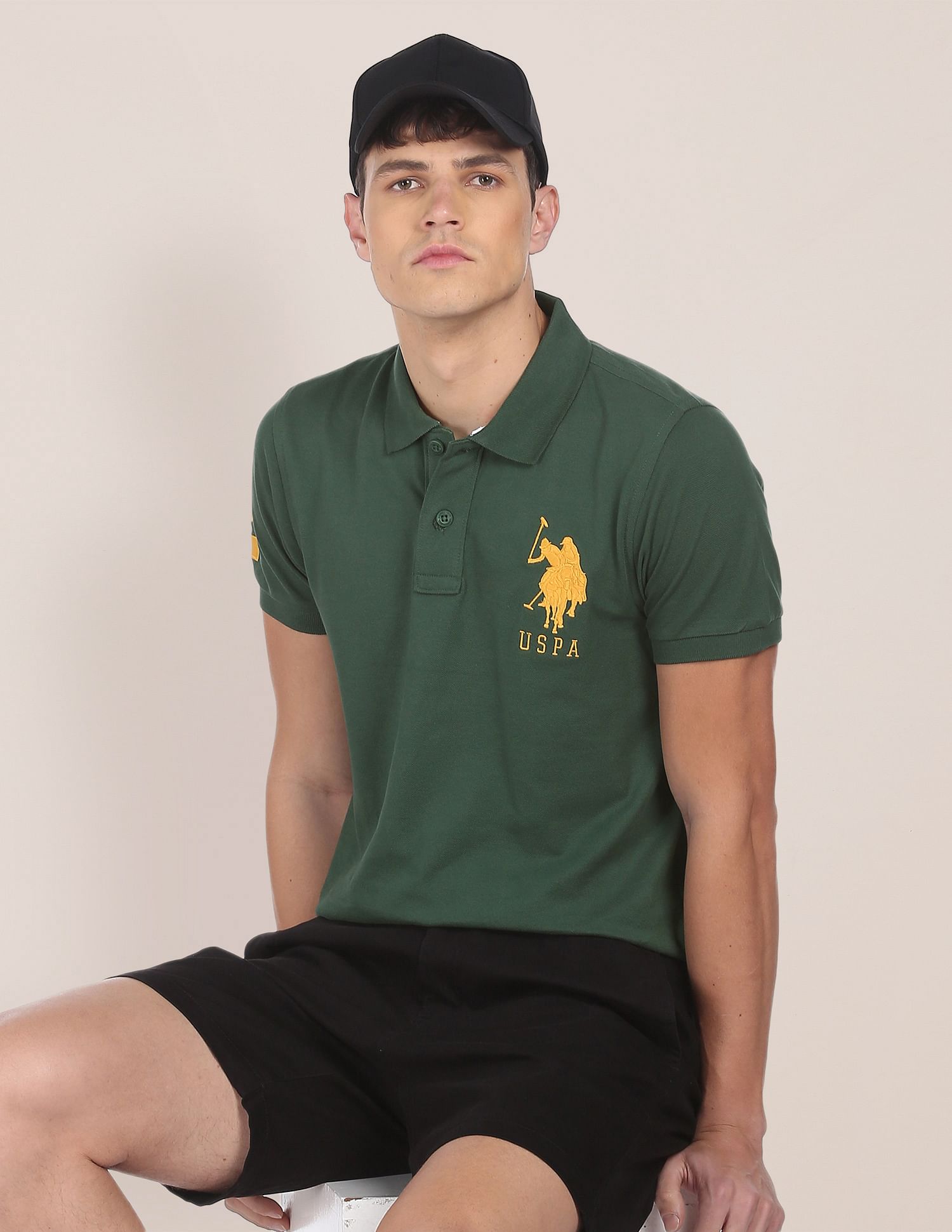 Men Dark Green Cotton Solid Polo Shirt Dark Green - U.S. POLO ASSN. | Large