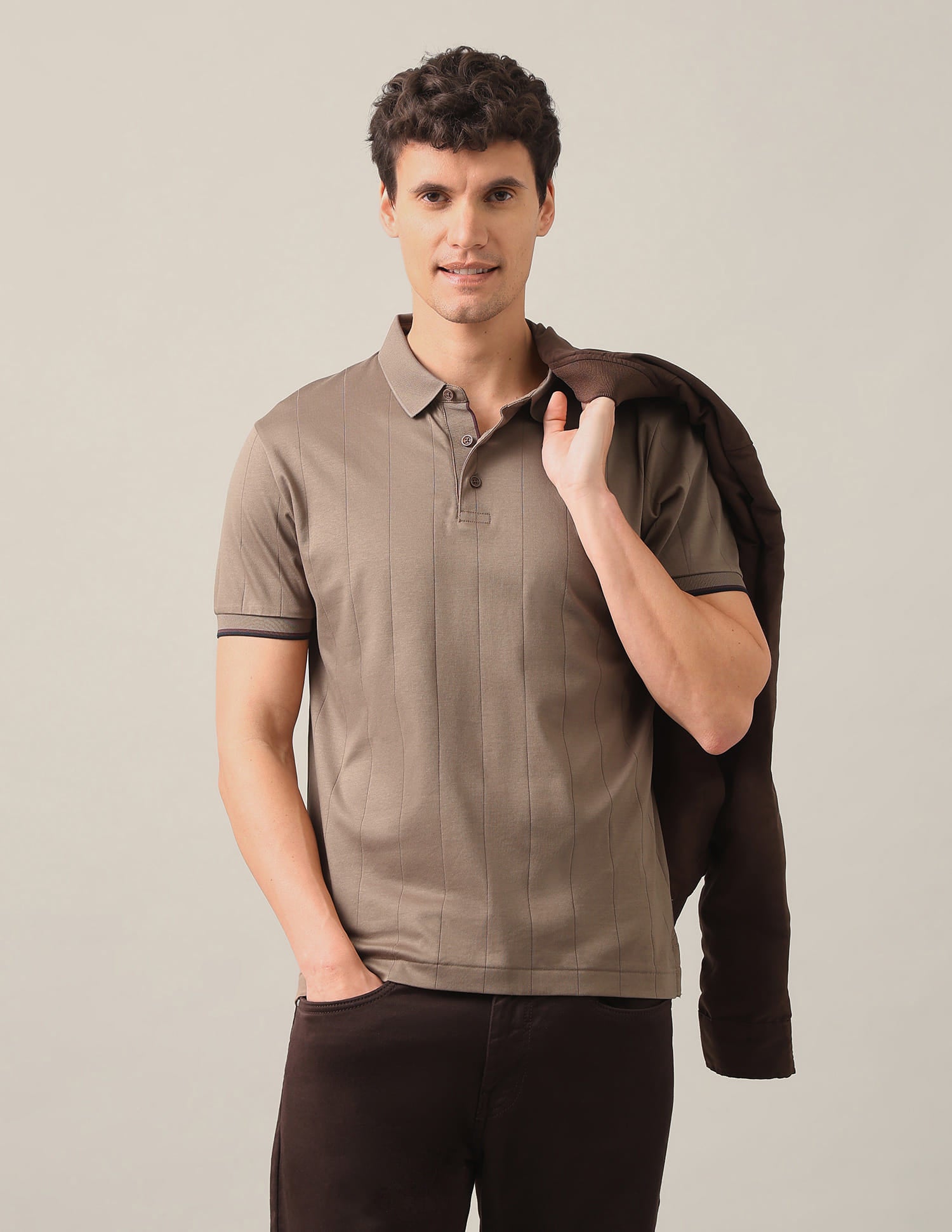 Vertical Striped Patterned Knit Slim Fit Polo Shirt Brown - U.S. Polo Assn. India | Large