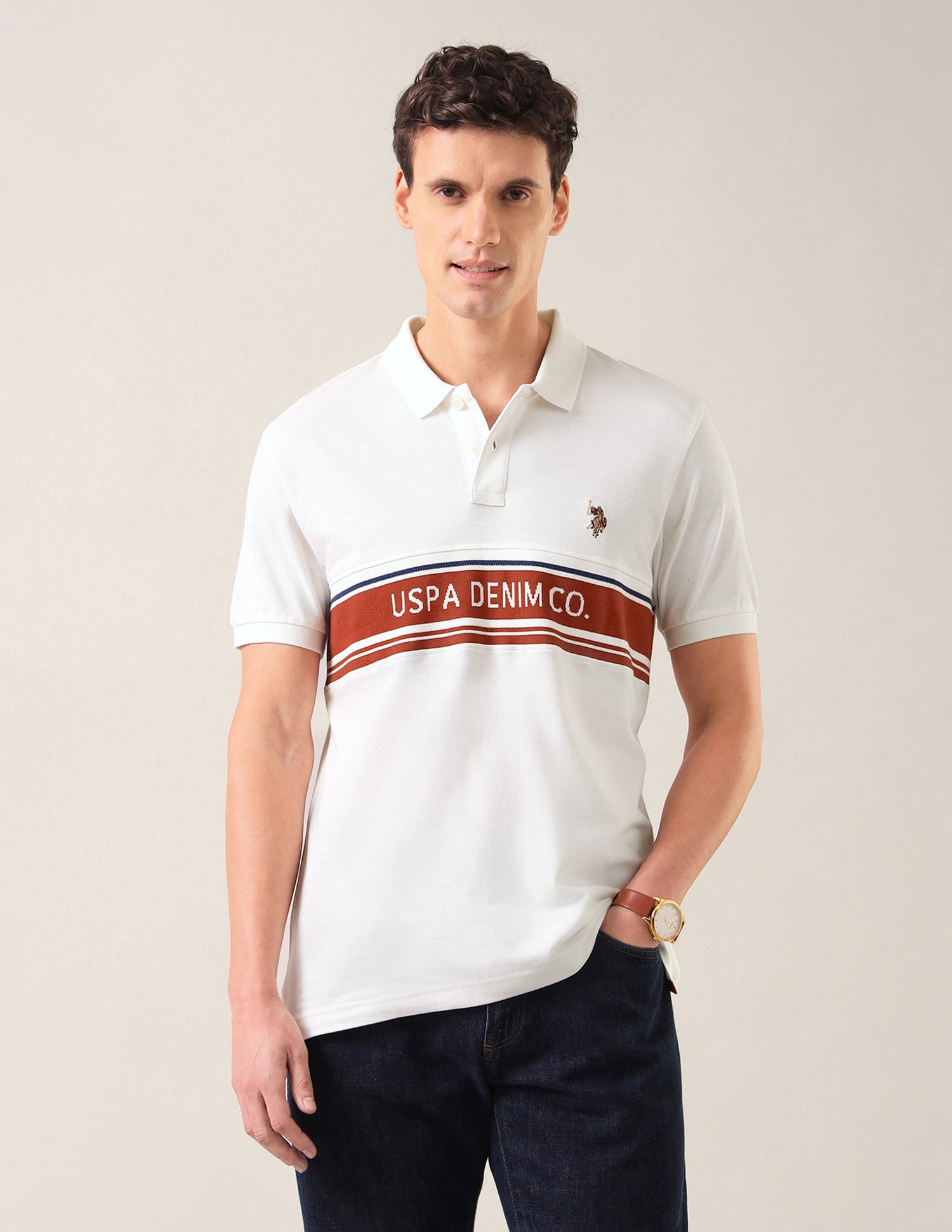 Colour Blocked With Brand Printed Slim Fit Polo Shirt Ivory - U.S. Polo Assn. India | Large