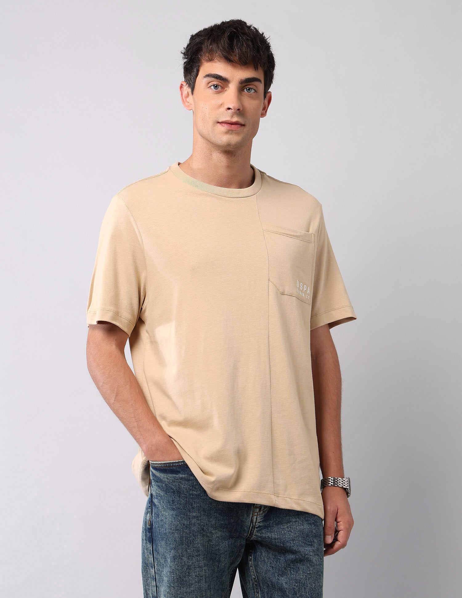 Solid Pure Cotton T-Shirt Beige - U.S. Polo Assn. India | Large