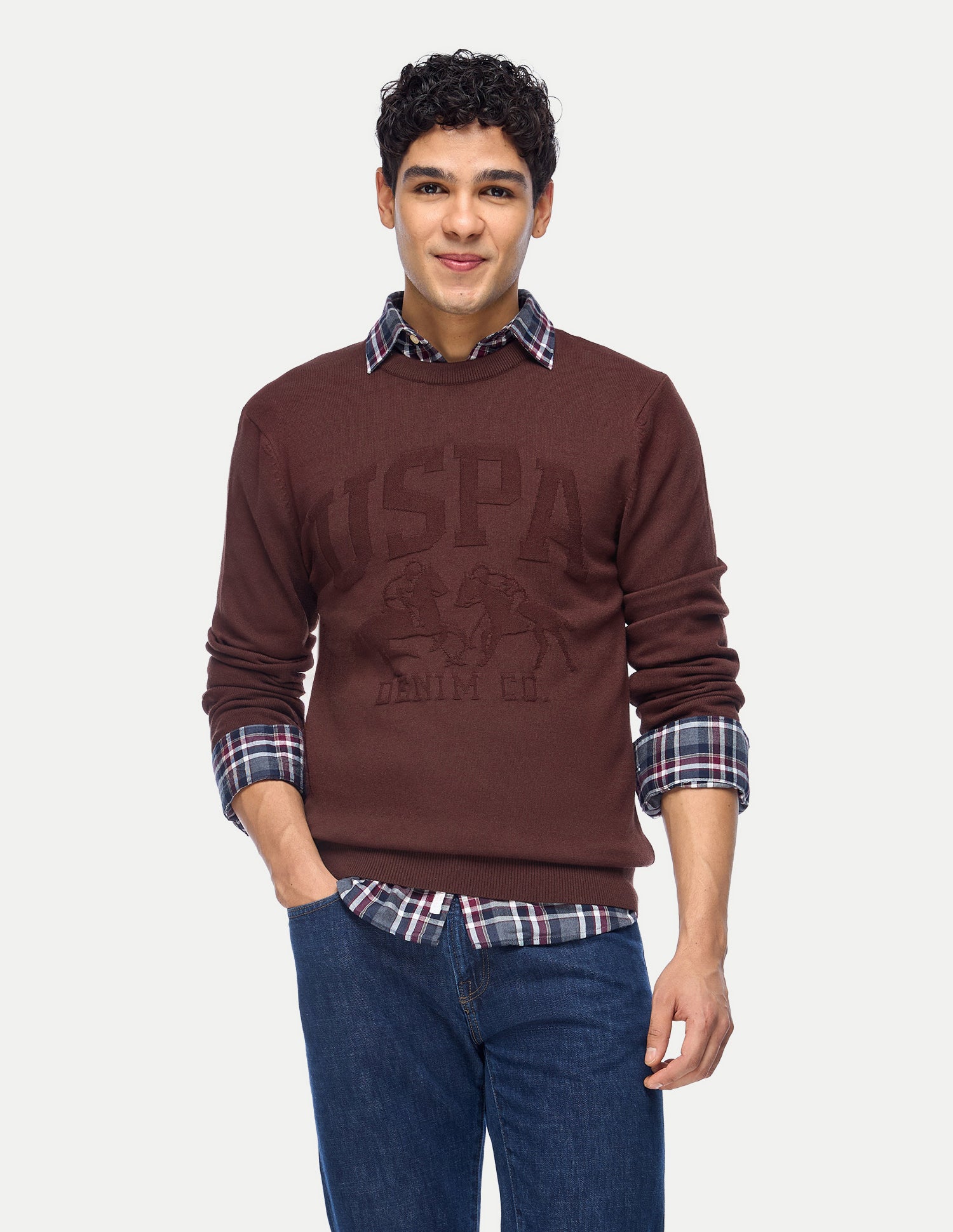 Brand Embossed Regular Fit Sweater Dark Brown - U.S. Polo Assn. India | Large