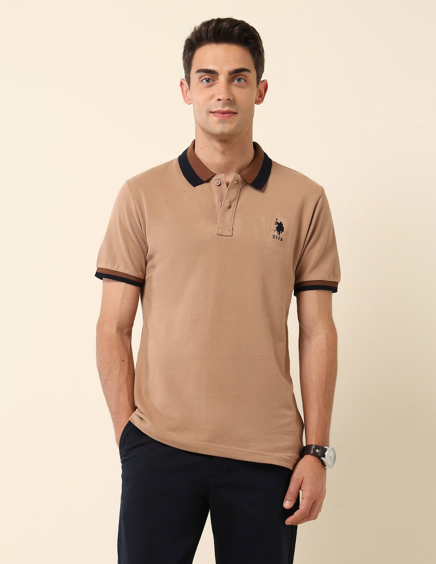 Solid Slim Fit Polo Shirt Beige - U.S. Polo Assn. India | Large