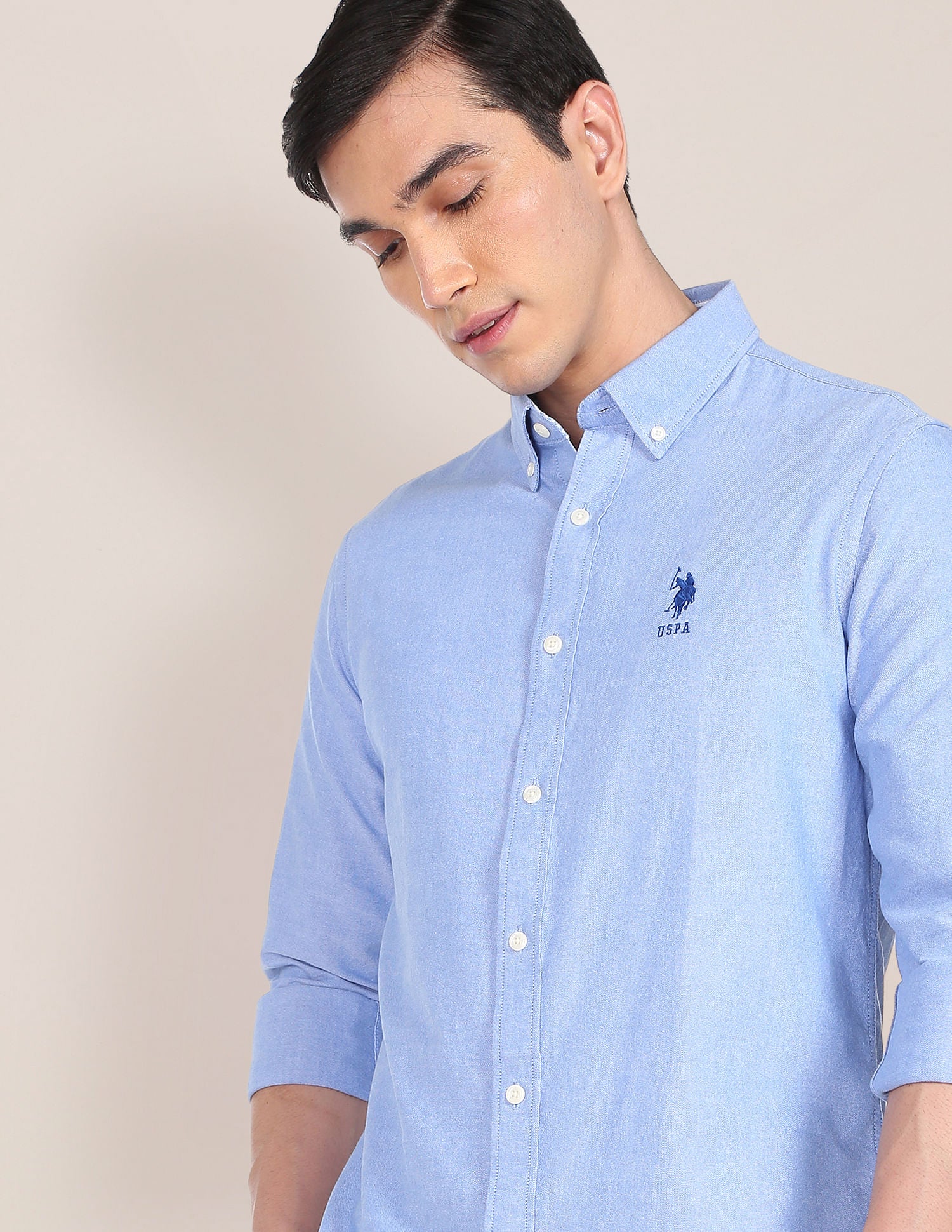 Men Blue Button-down Collar Solid Casual Shirt Light Blue - U.S. POLO ASSN. | Large