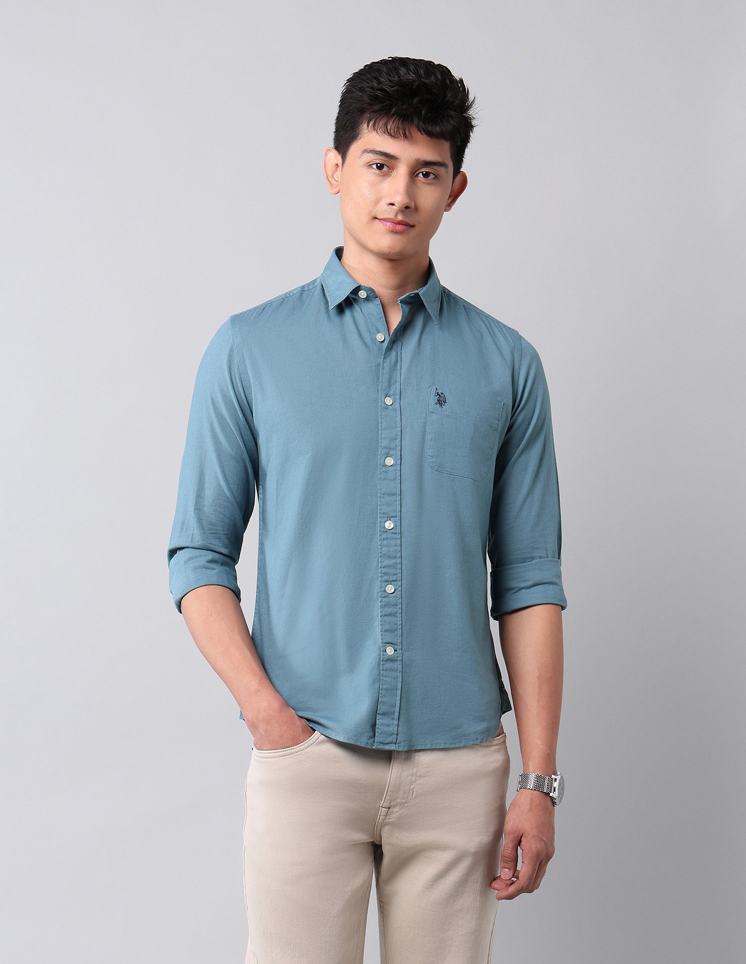 Solid Pure Cotton Shirt Teal - U.S. Polo Assn. India | Large