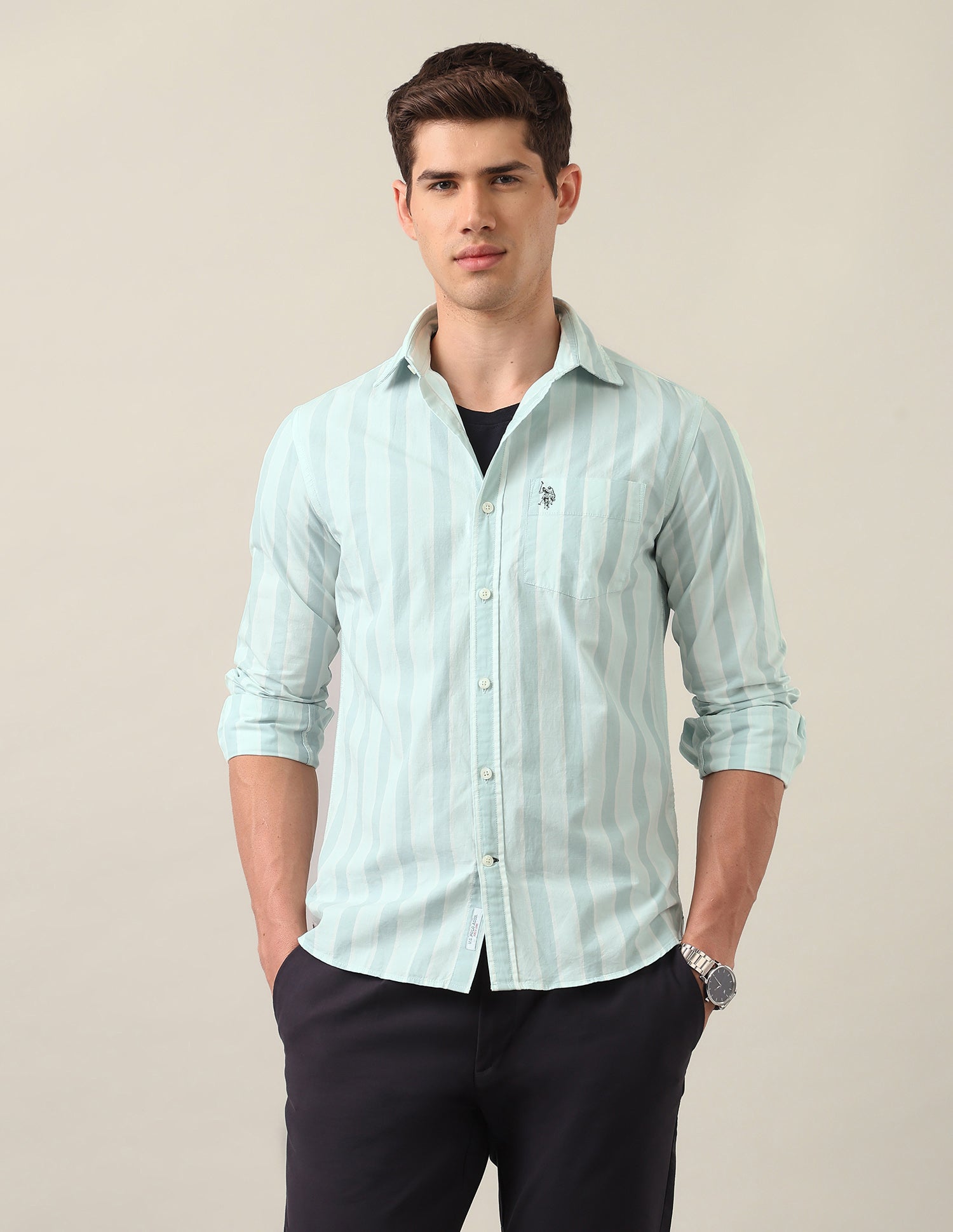 Tailored Fit Vertical Striped Shirt Green - U.S. Polo Assn. India | Large