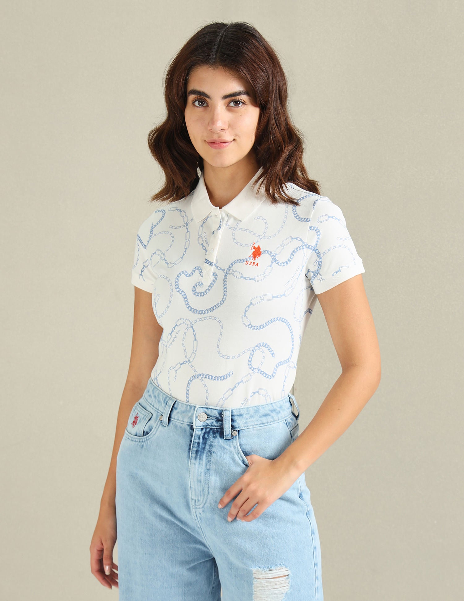 Chain Print Pique Polo Shirt Off-White - U.S. Polo Assn. India | Large