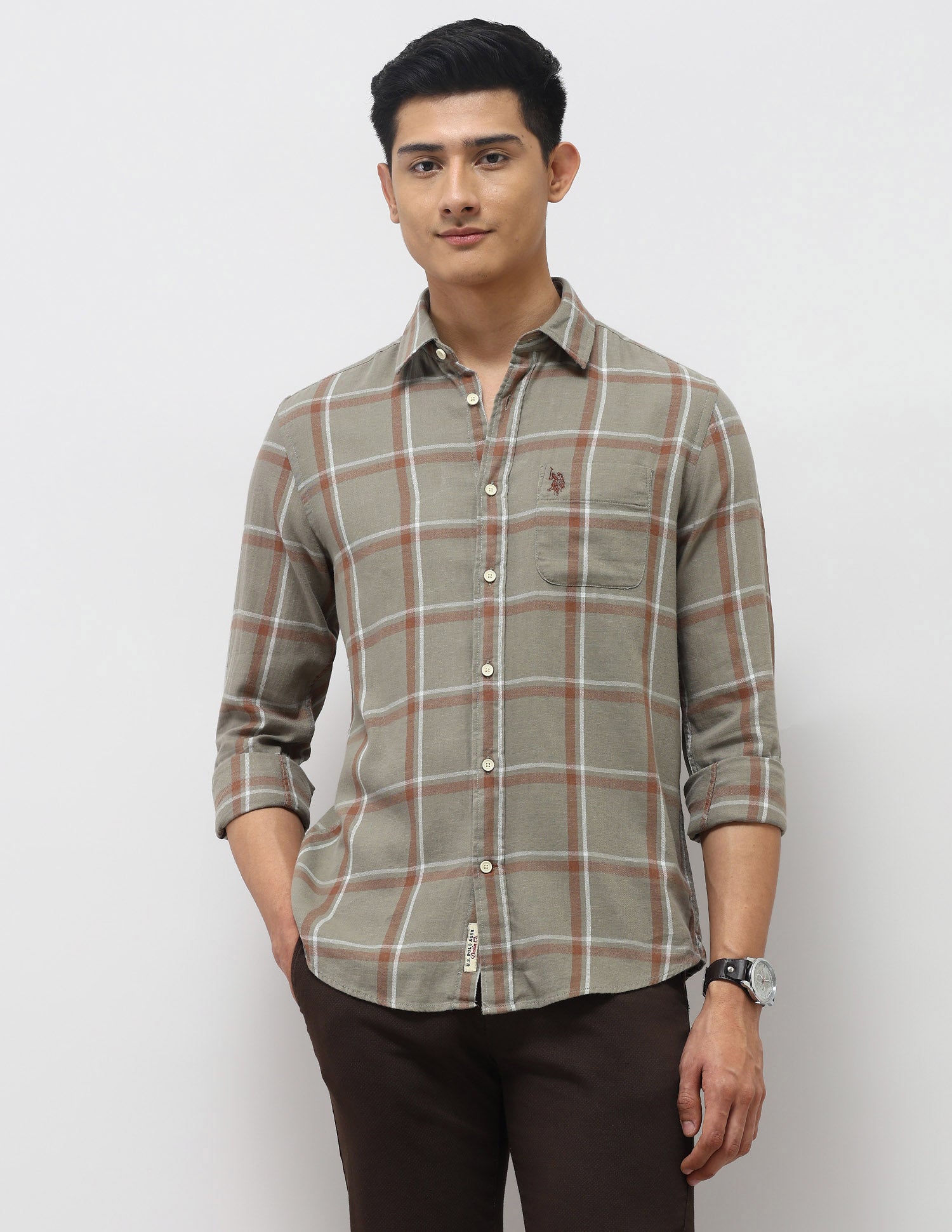 Windowpane Checked Twill Shirt Olive - U.S. Polo Assn. India | Large