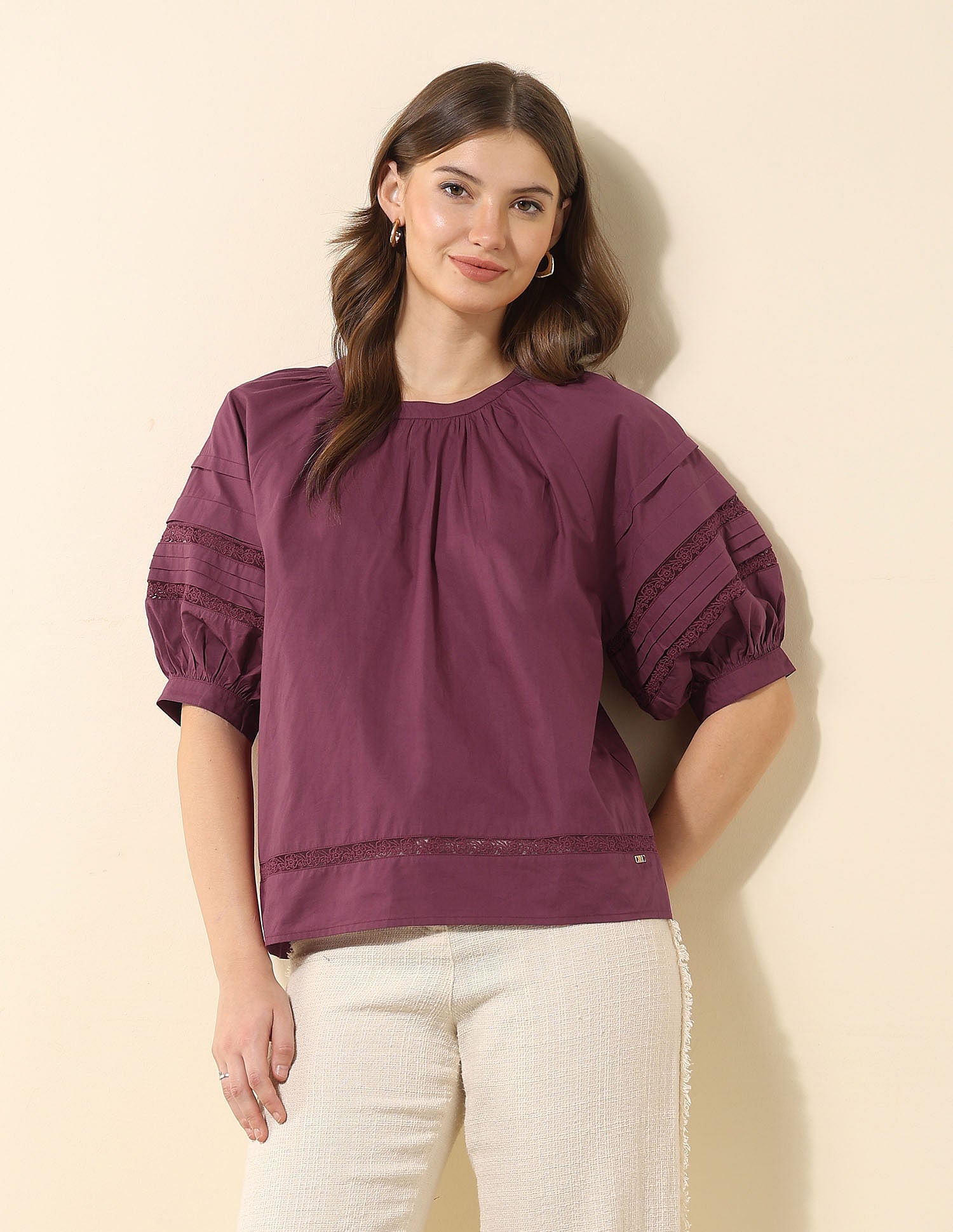 Pleated Solid Regular Fit Top