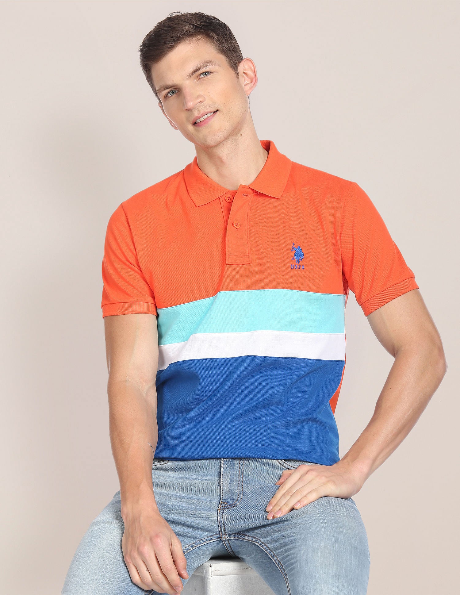 Colour Block Cotton Polo Shirt Orange - U.S. POLO ASSN. | Large