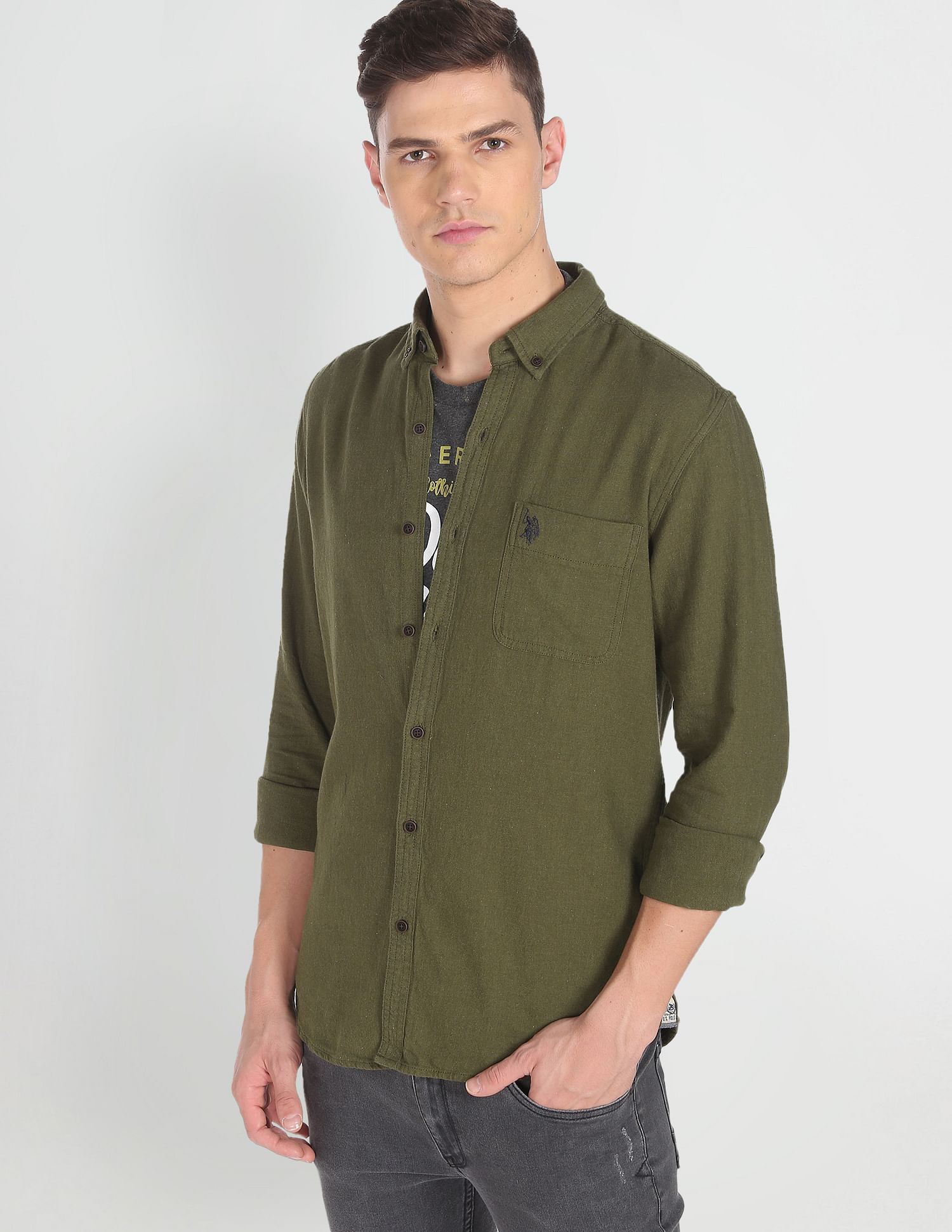 Button Down Collar Twill Casual Shirt Olive - U.S. Polo Assn. India | Large