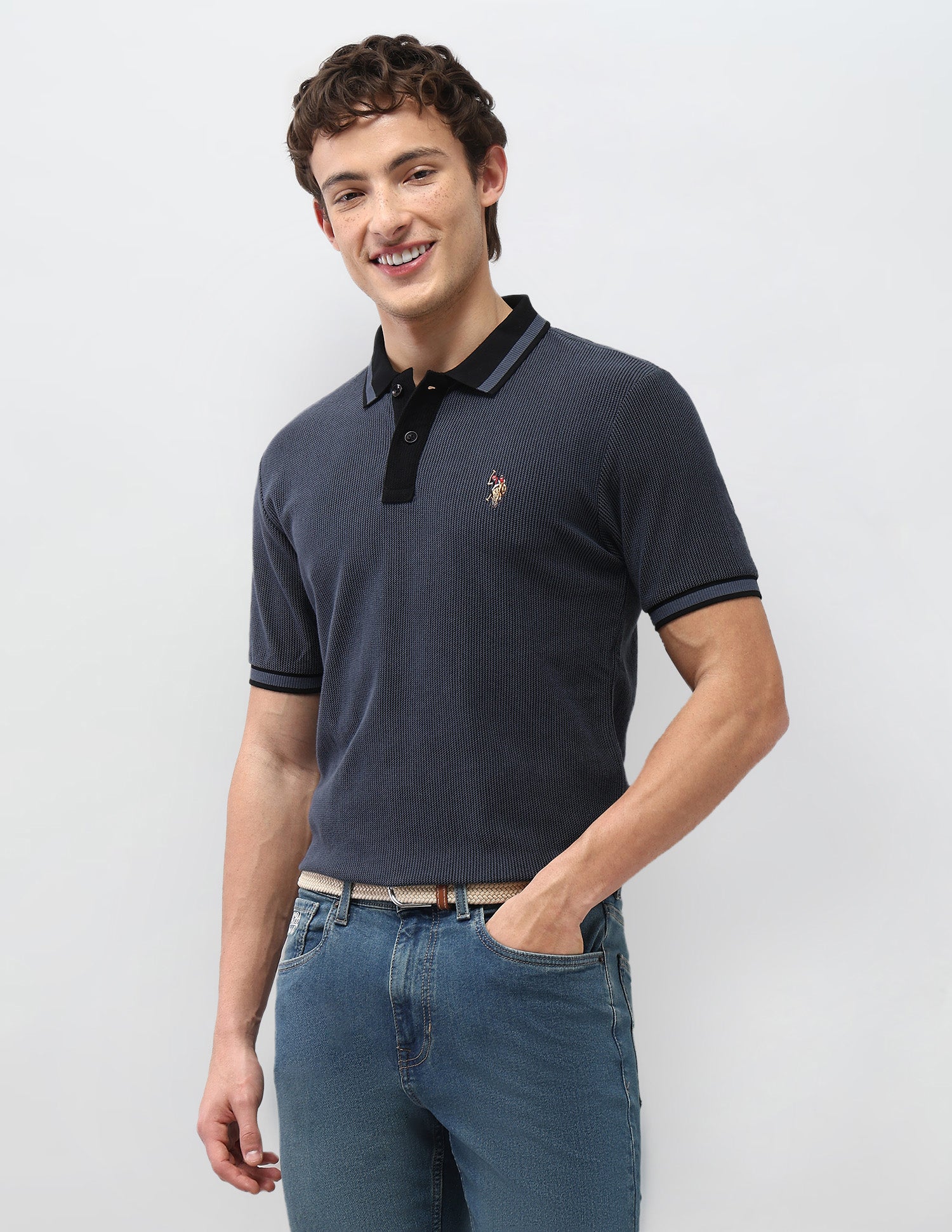 Textured Motel On The Coast Polo Shirt Dark Blue - U.S. Polo Assn. India | Large