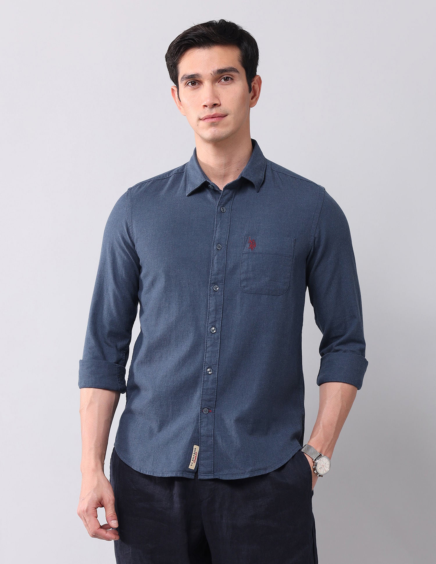 Regular Fit Chambray Solid Shirt Blue - U.S. Polo Assn. India | Large