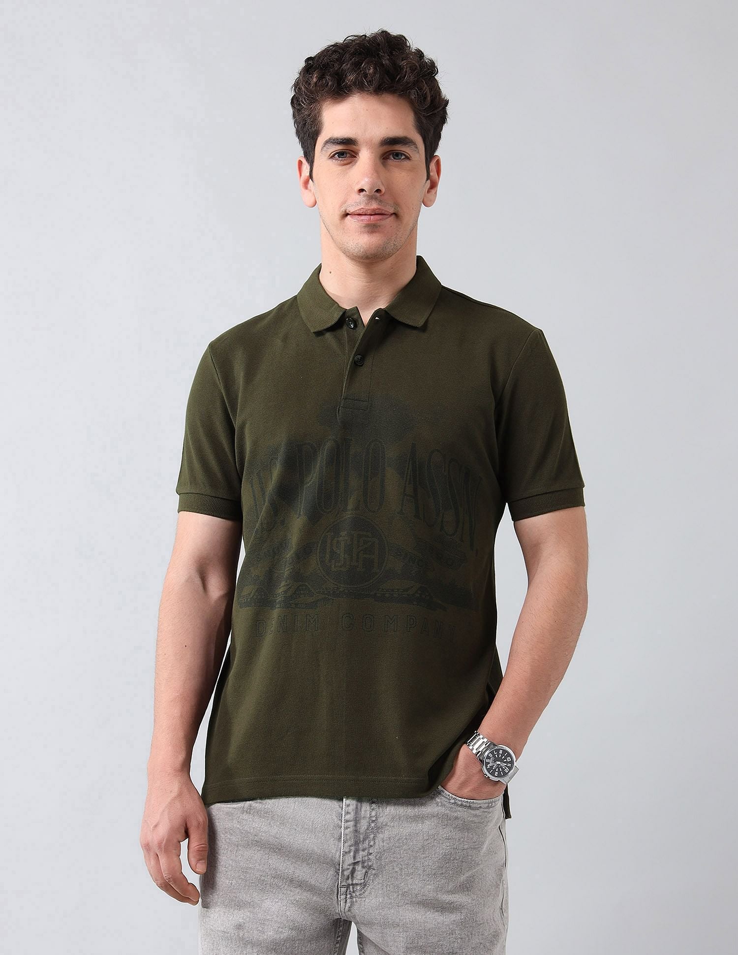 Muscle Fit Brand Printed Polo Shirt Olive - U.S. Polo Assn. India | Large