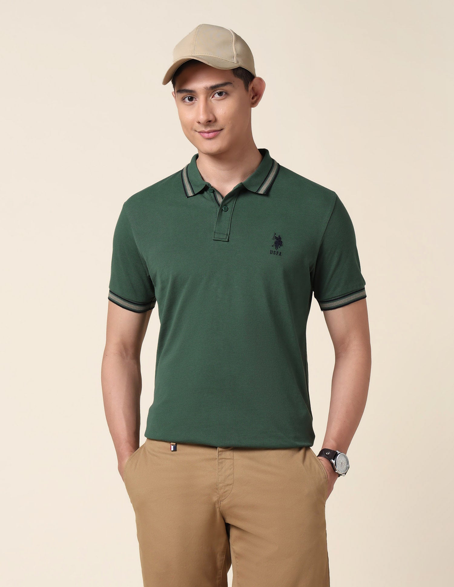 Slim Fit Pure Cotton Polo Shirt Dark Green - U.S. Polo Assn. India | Large